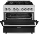 ZLINE 2-Piece Appliance Package - 36-inch Dual Fuel Range with Black Matte Door and Convertible Vent Range Hood in Stainless Steel (2KP-RABLMRH36)