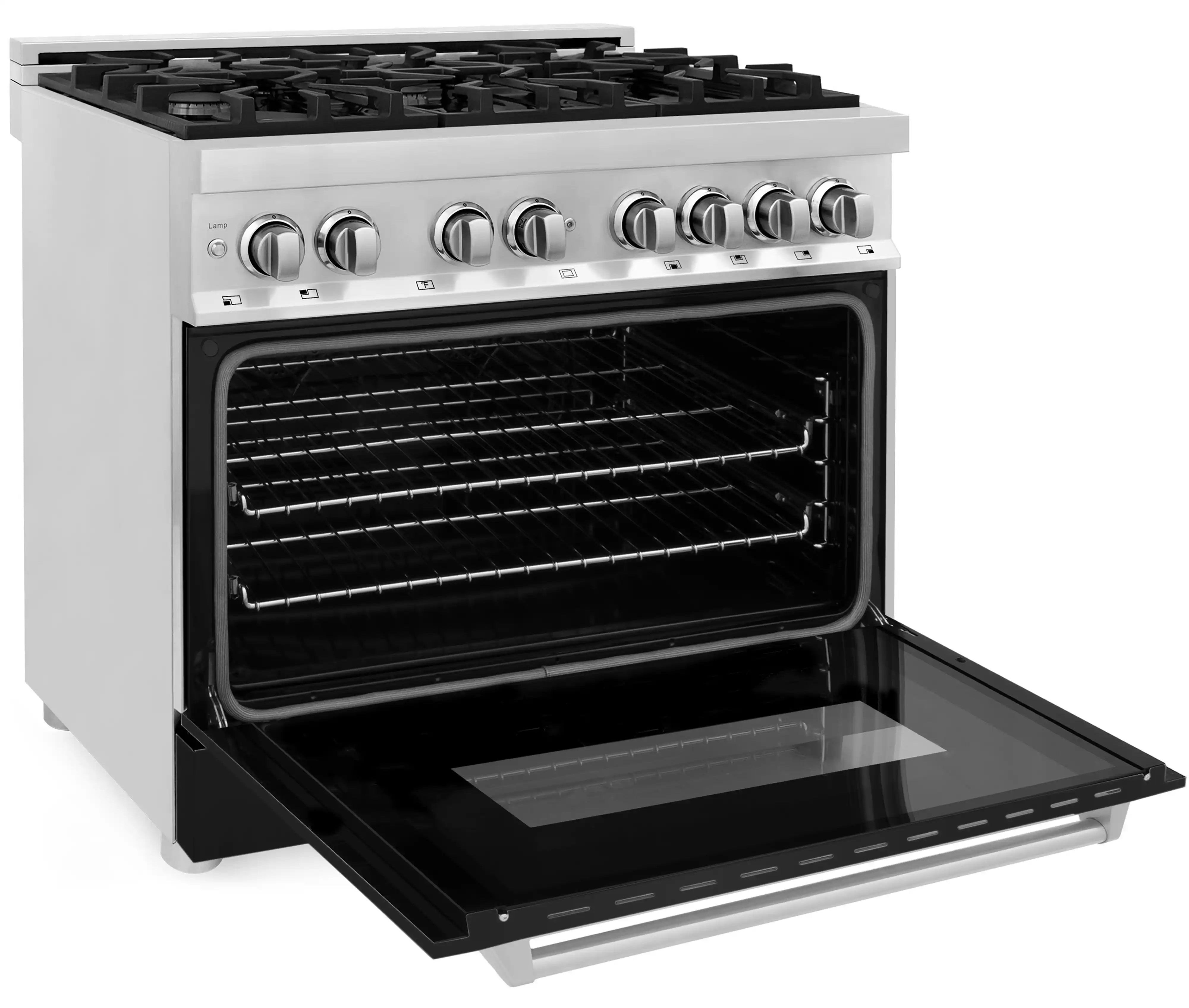 Oven door open to dark interior with wire rack and pull-out tray