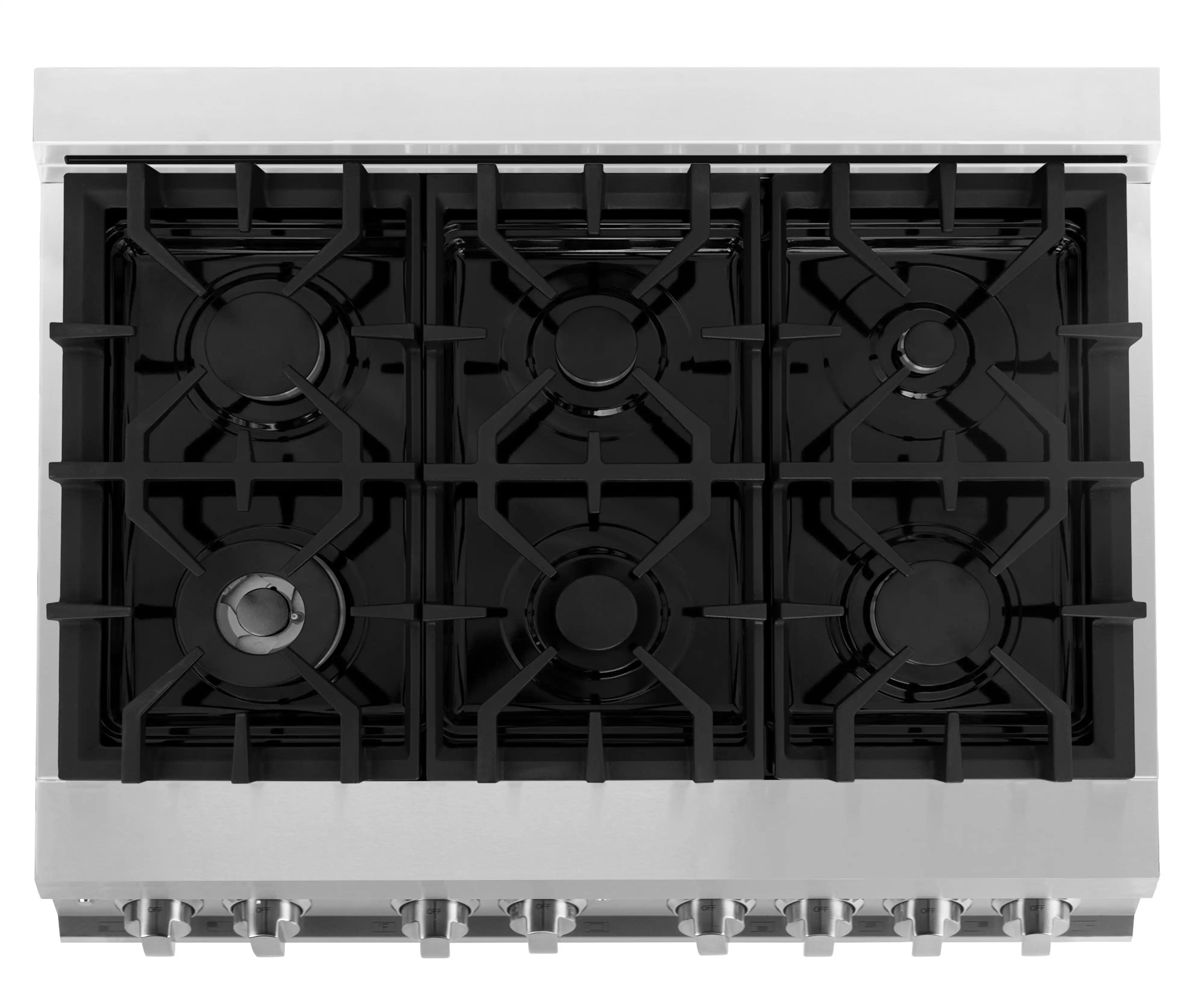 Gas cooktop burner grates with six circular burners and metal rings