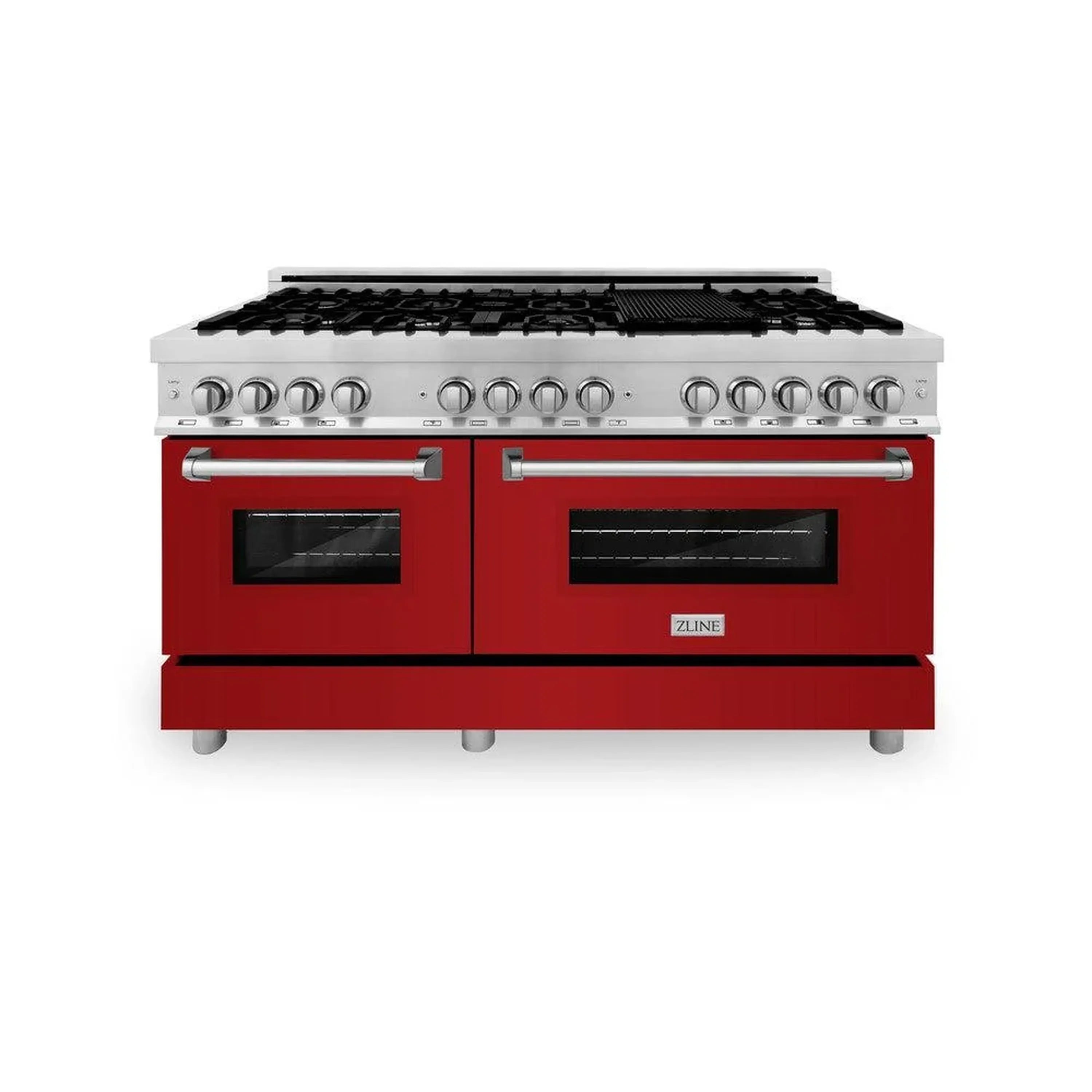 ZLINE 60-inch Legacy Series Dual Fuel Range with 9 Gas Burner Stove and 7.4 Cu. Ft. Electric Oven in Fingerprint Resistant Satin Stainless Steel and Red Gloss Doors (RAS-RG-60)