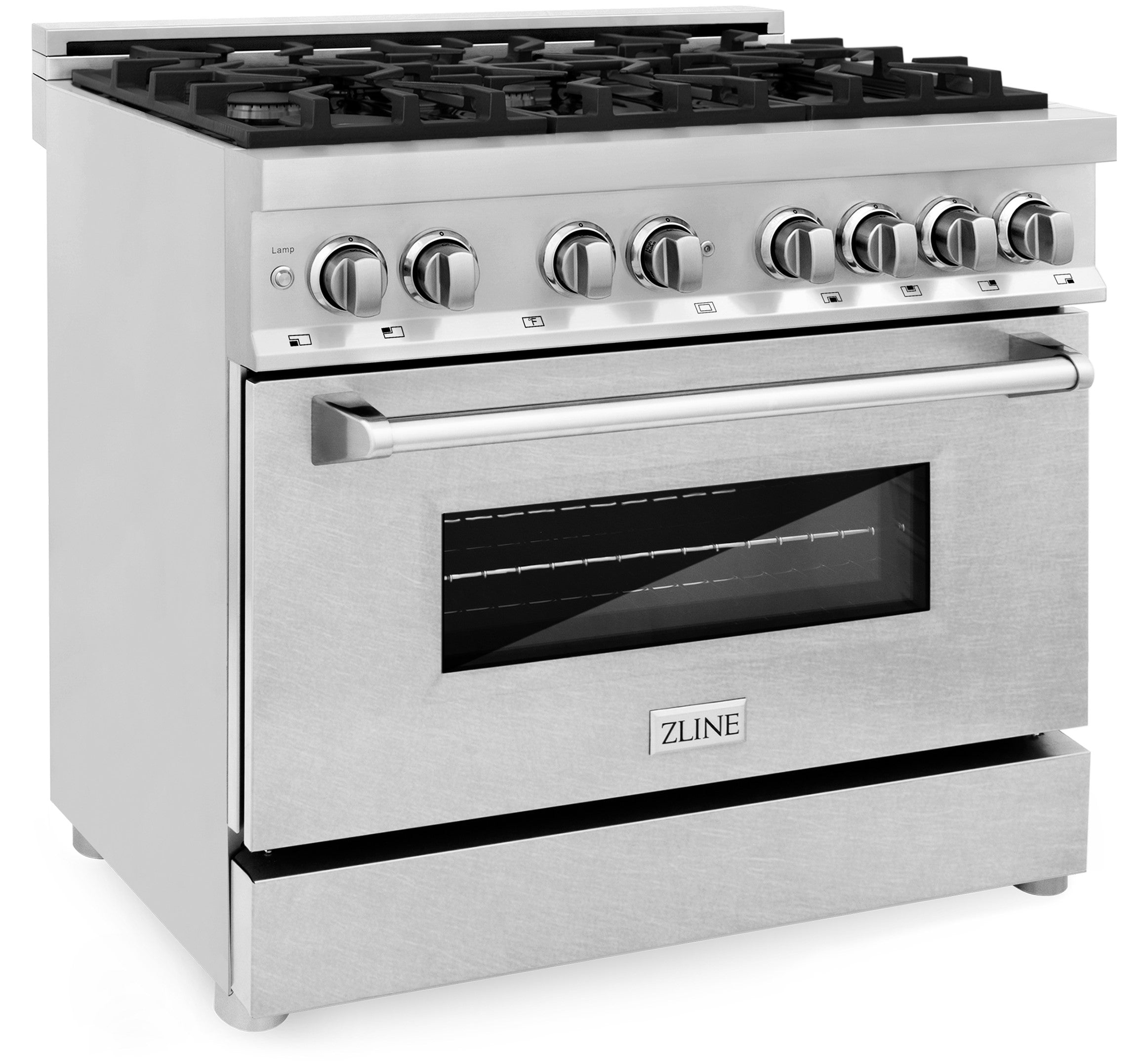 Satin stainless dual fuel range front with burner knobs and glass oven window