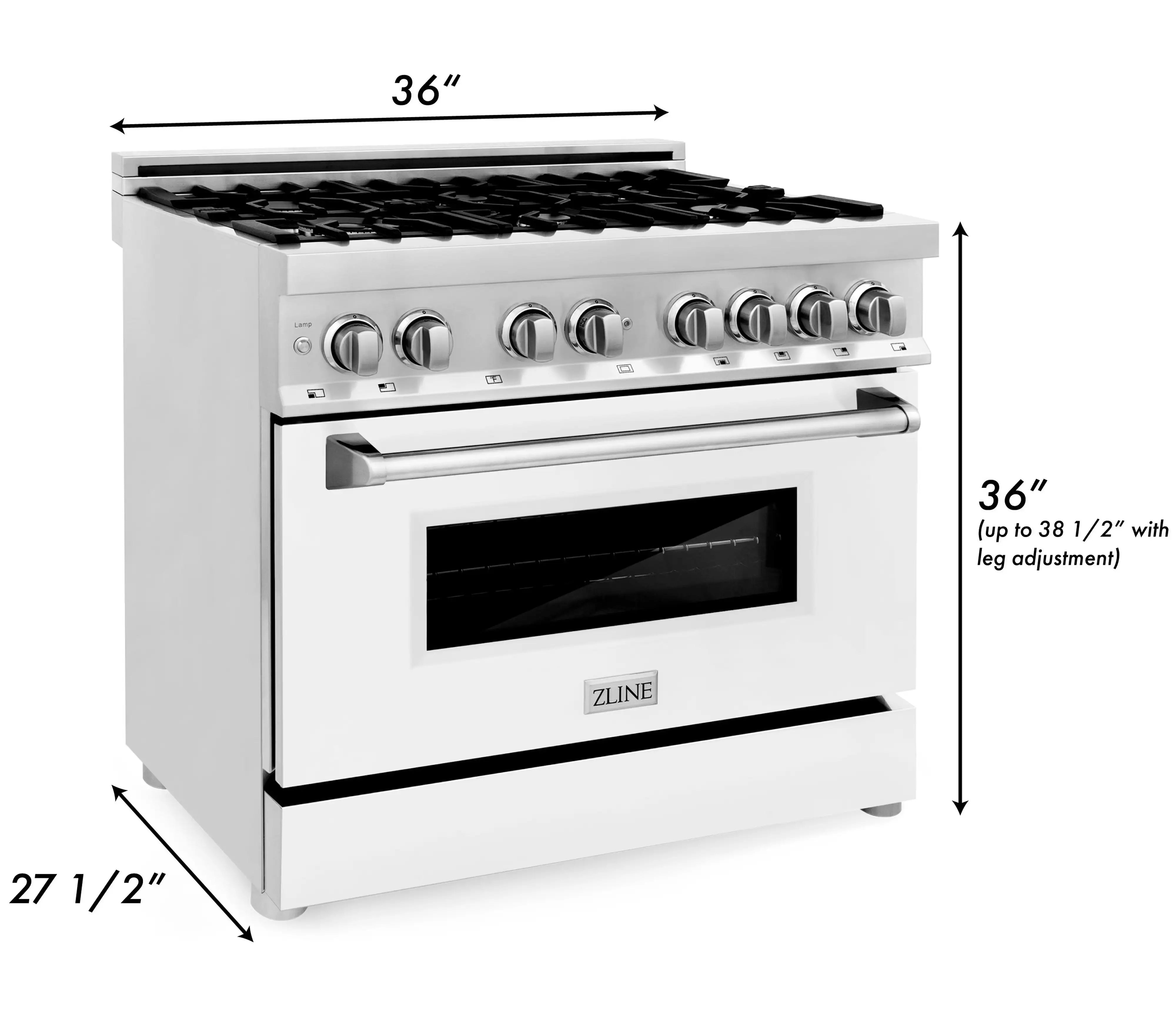 White matte dual fuel range with black burner grates and 36 in oven