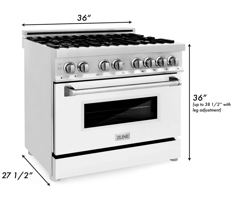 ZLINE 36-Inch Dual Fuel Range with 4.6 cu. ft. Electric Oven and Gas Cooktop and Griddle and White Matte Door in Stainless Steel (RA-WM-GR-36)
