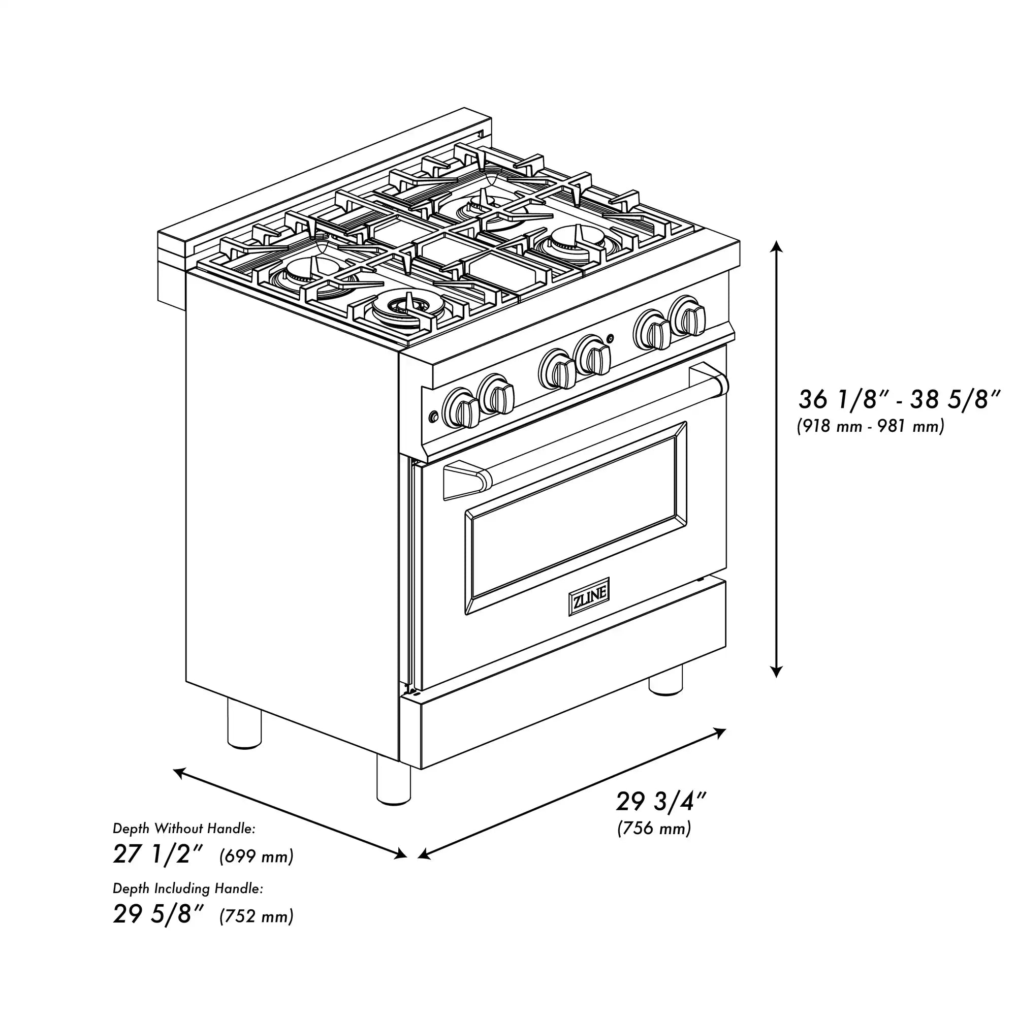 Stainless steel dual-fuel range line drawing showing burner layout and dimensions