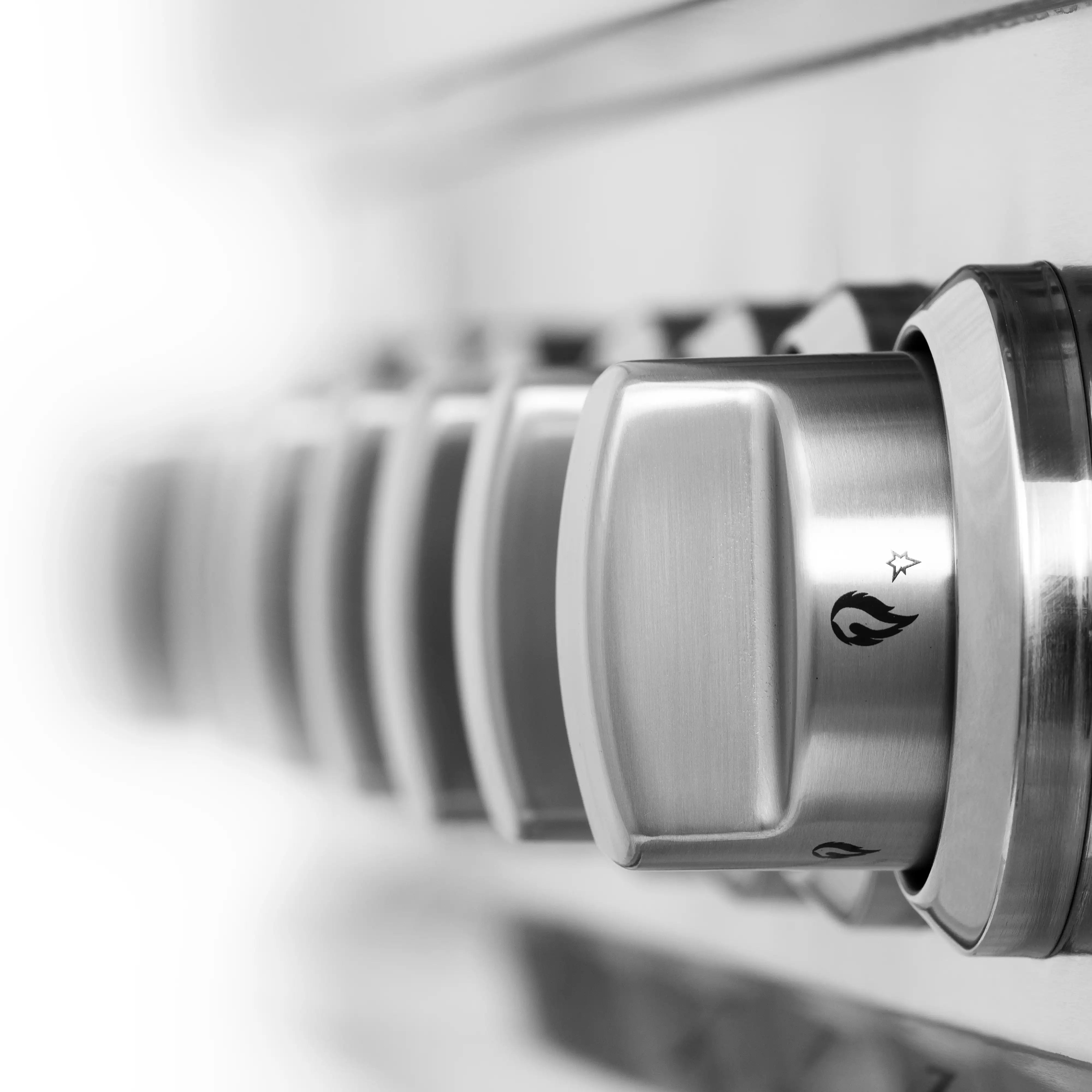 Stainless steel range control knobs with dial and black icon markings