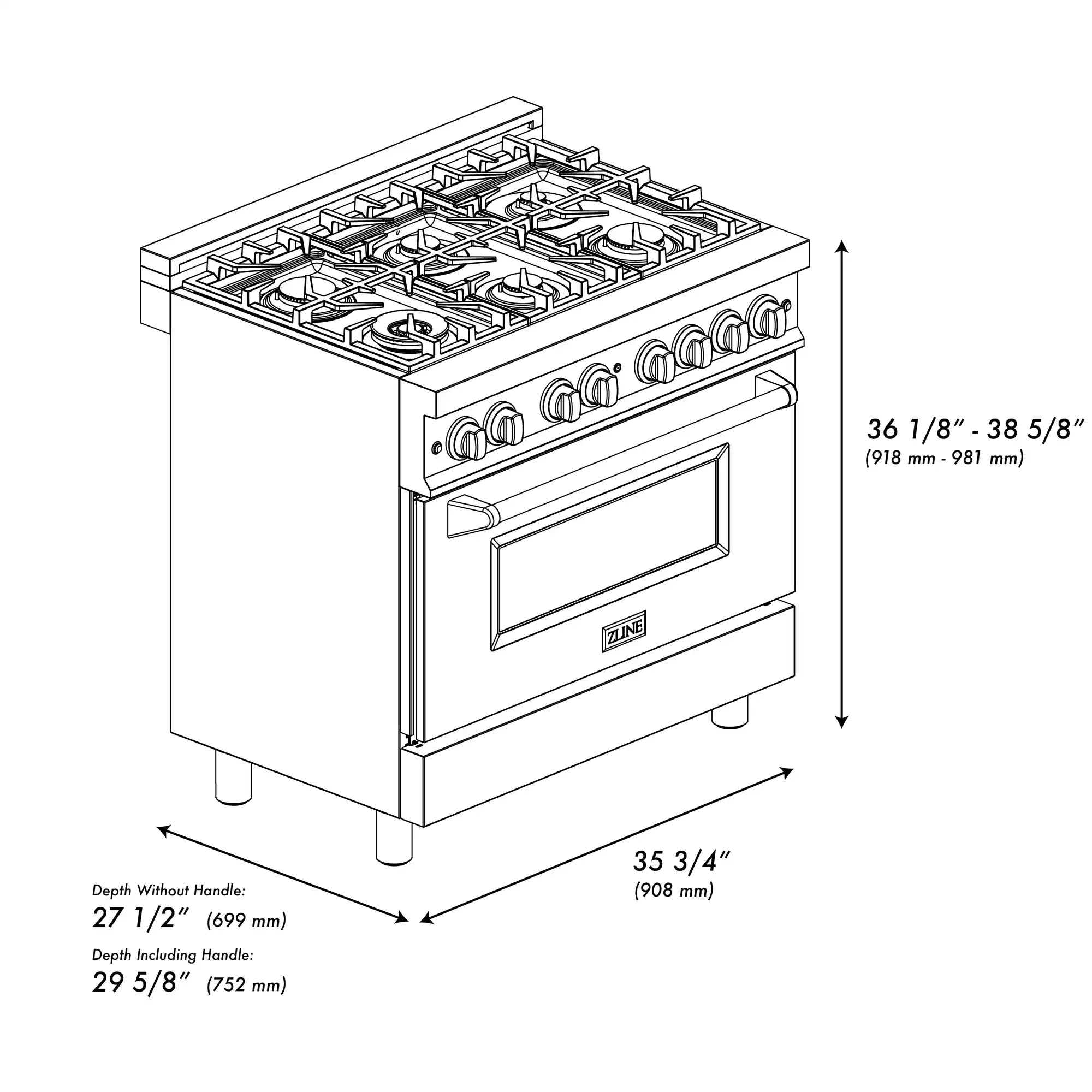 Stainless steel dual-fuel range size diagram with burner layout