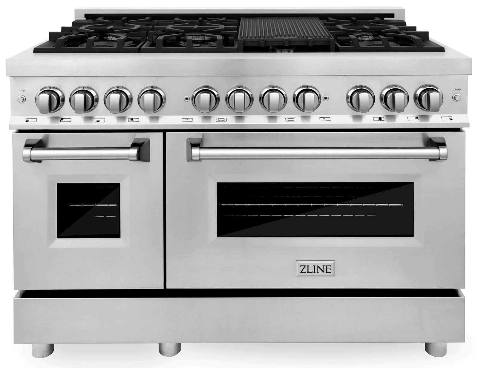 Stainless steel dual fuel range front with burners, knobs, and two oven doors