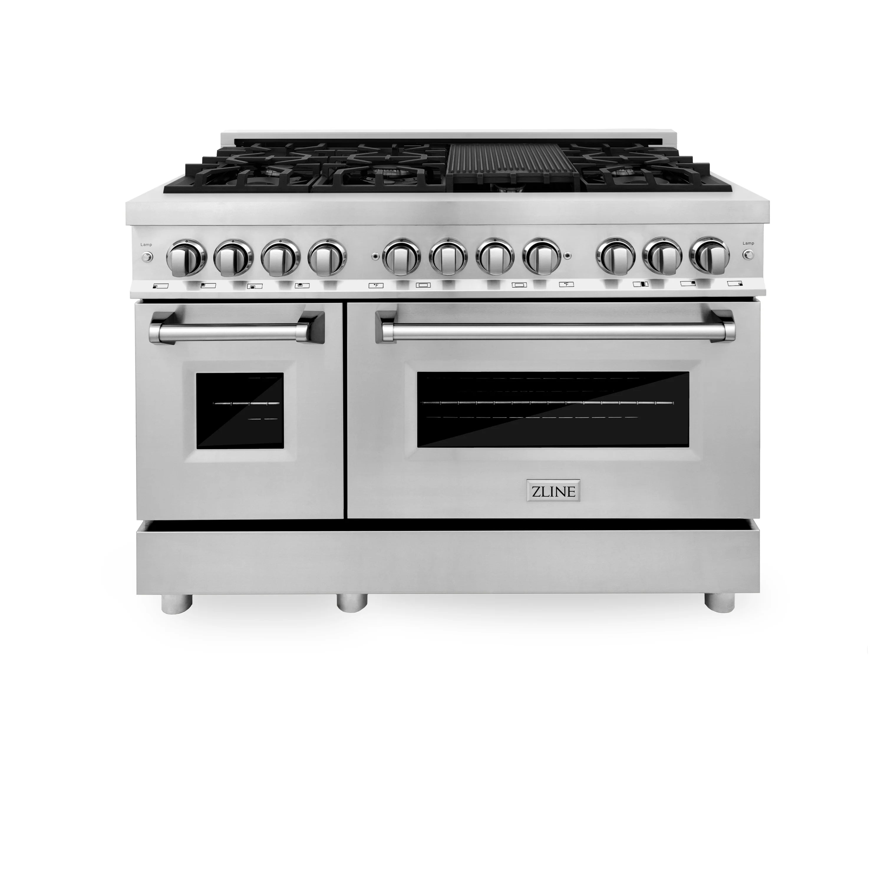 Stainless dual fuel range with six-burner cooktop, control knobs, and two oven windows