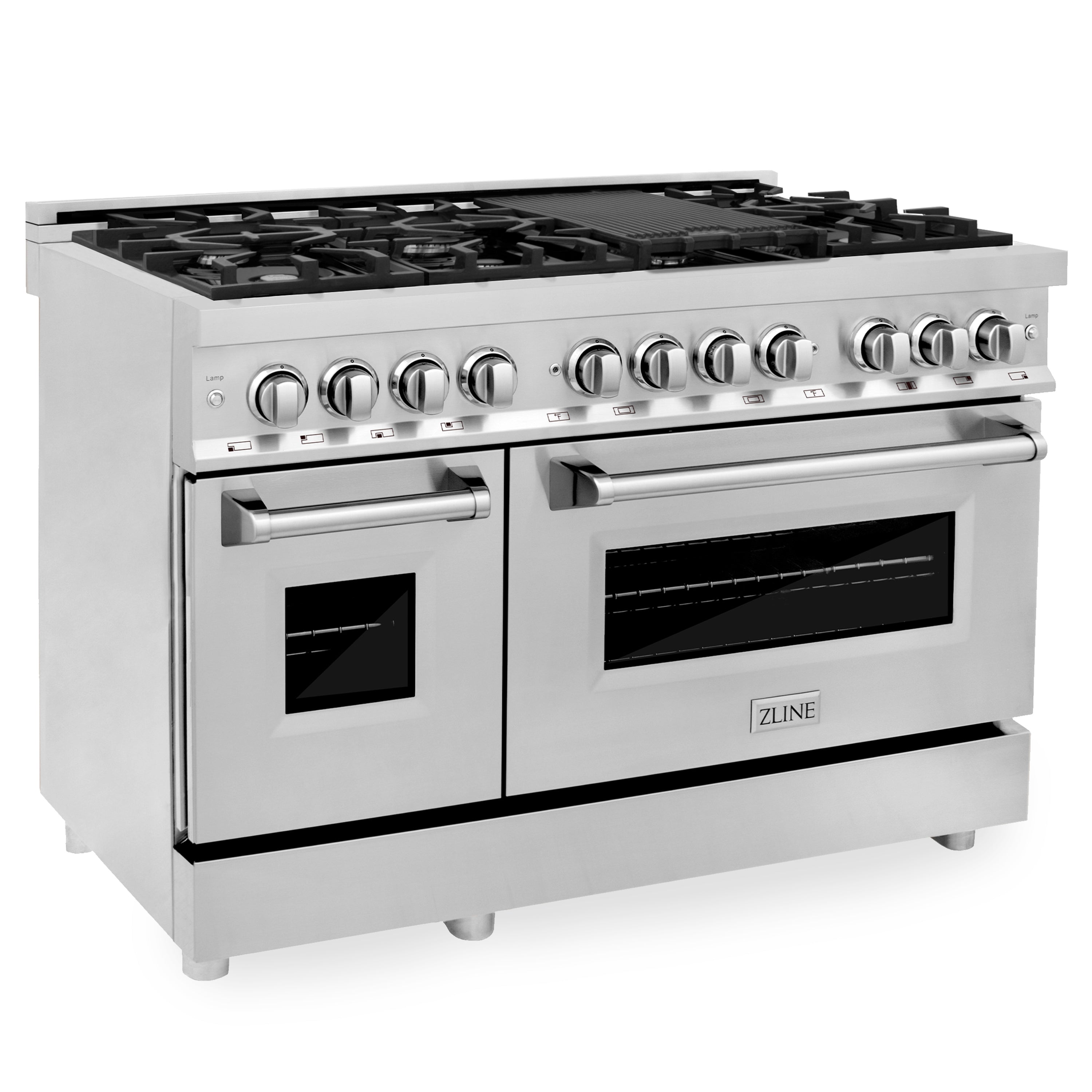 Stainless steel dual fuel range with gas cooktop, front knobs, and two ovens