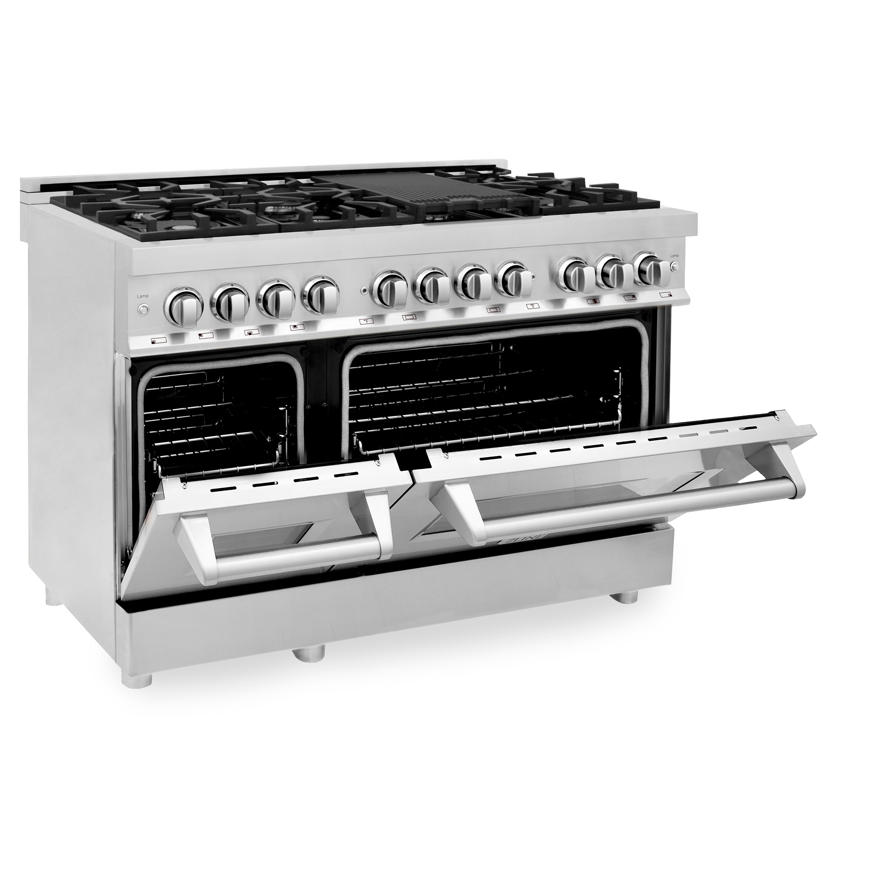 Stainless steel dual fuel range with open oven doors and gas cooktop above