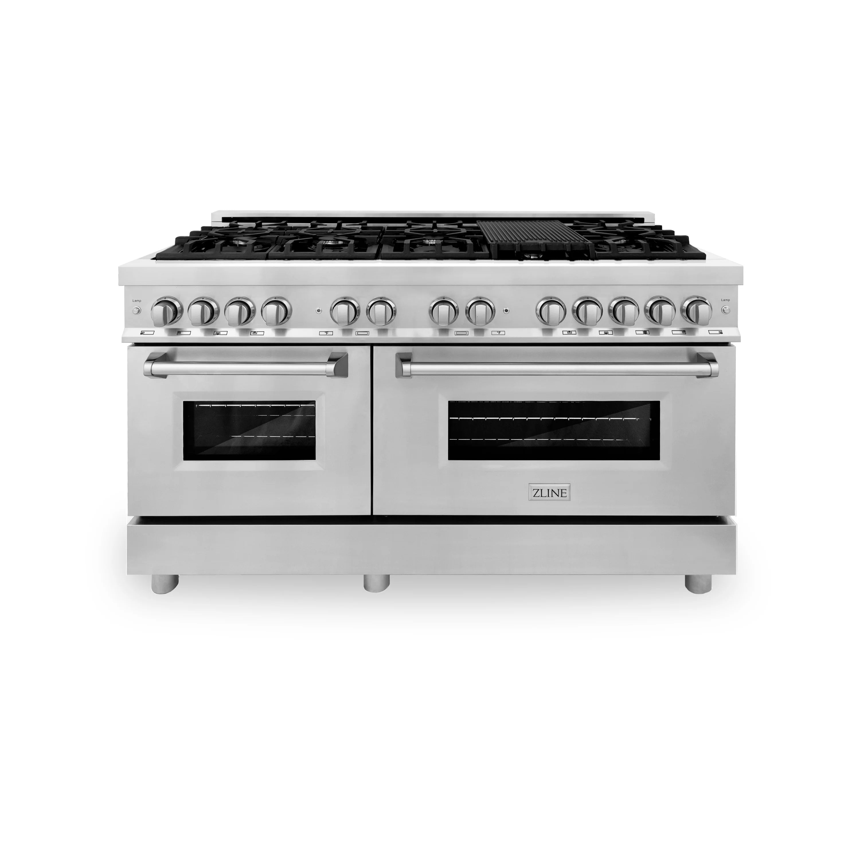 Stainless steel dual fuel range with burner grates and two oven windows