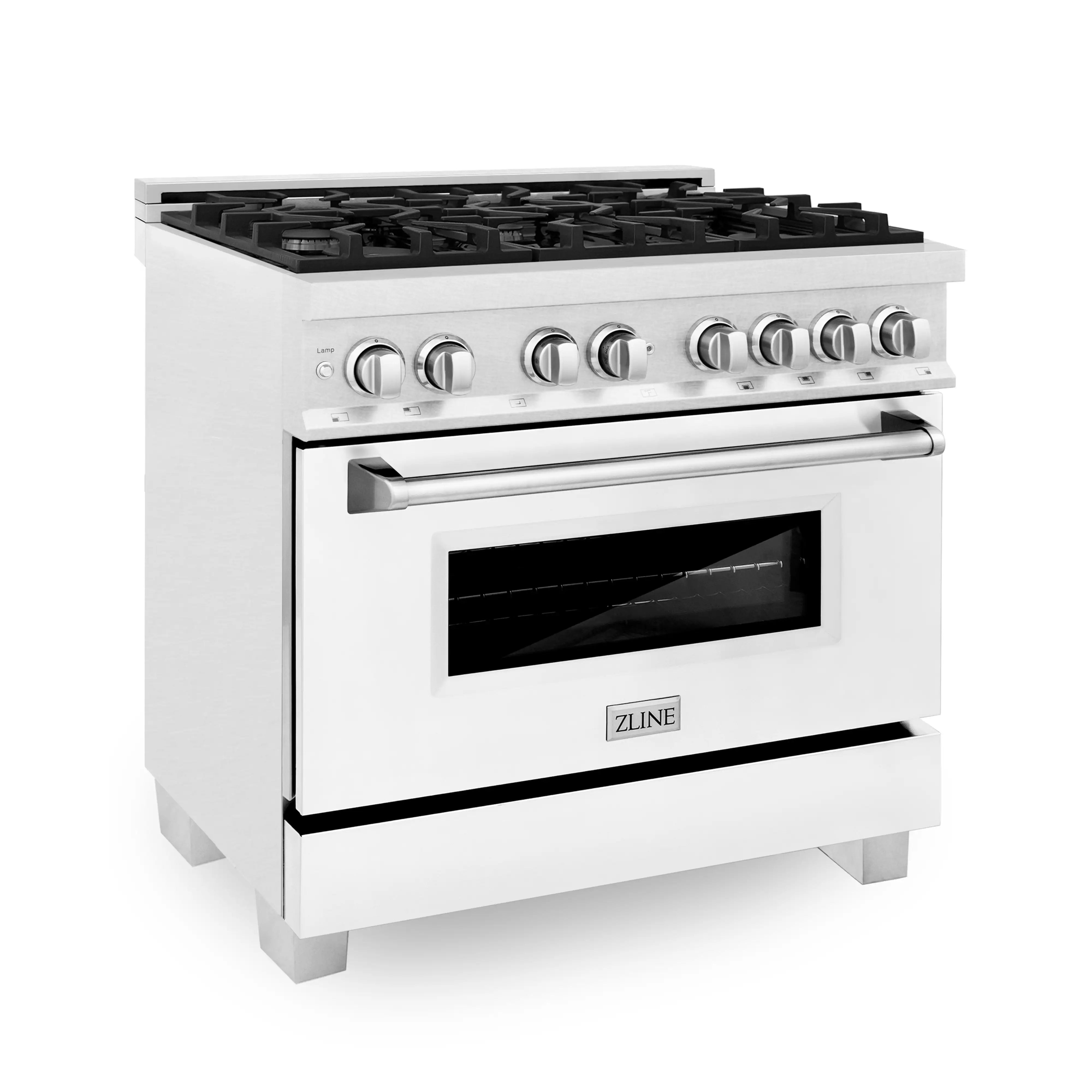 White range front view with chrome knobs and black oven glass window