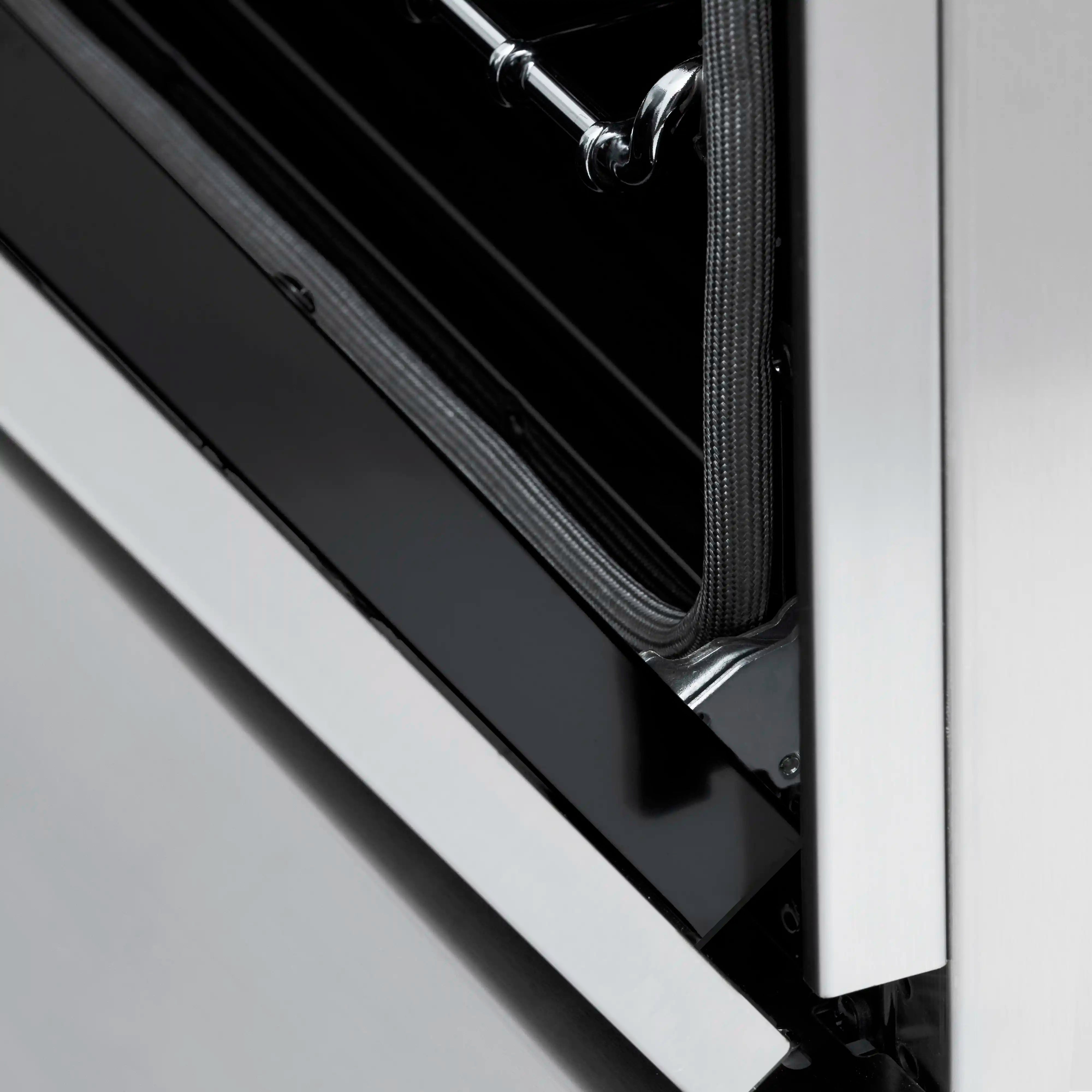 Range oven door frame with black gasket seal and chrome hinge hardware