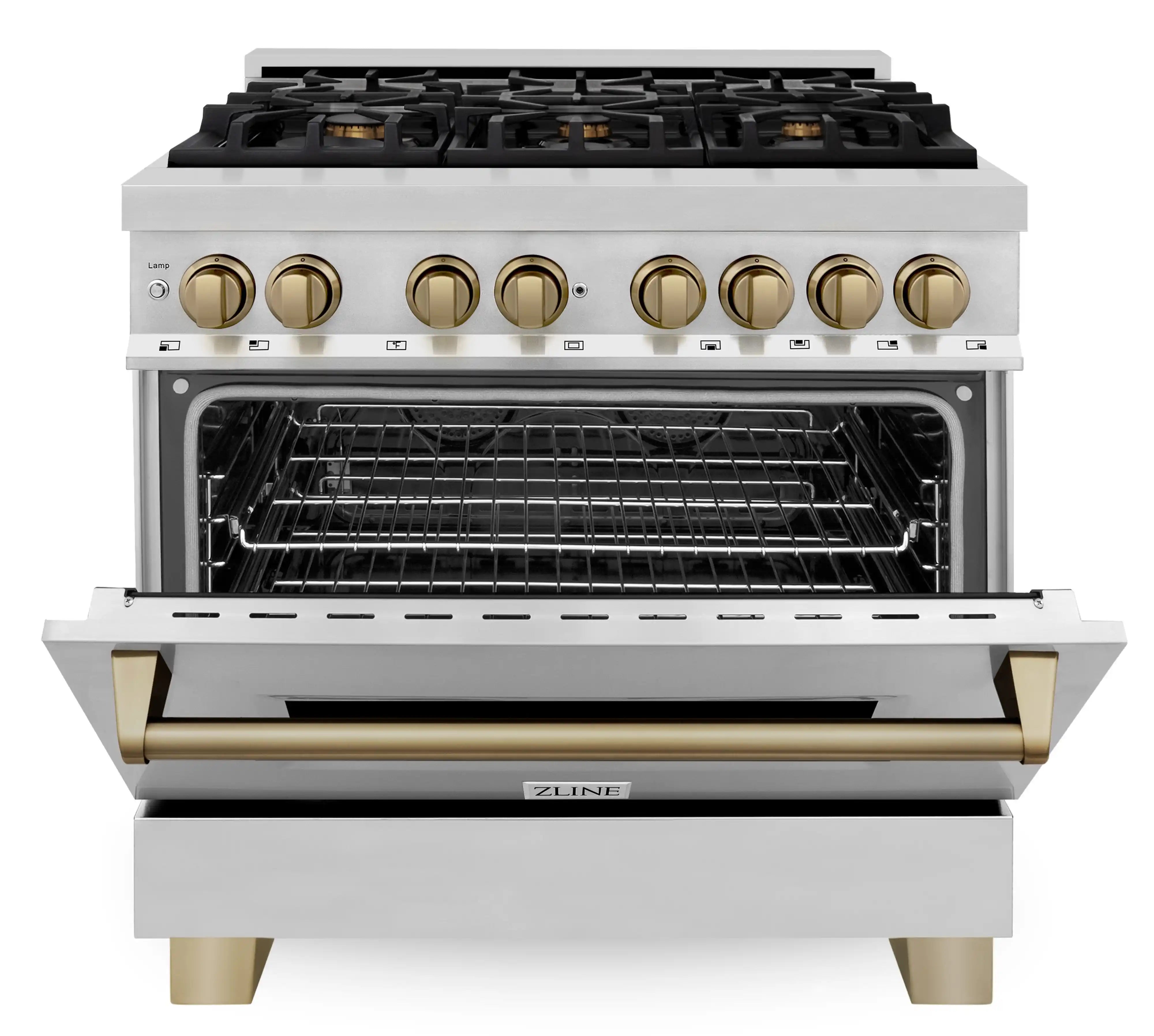 Stainless dual fuel range with open oven and champagne bronze front handle
