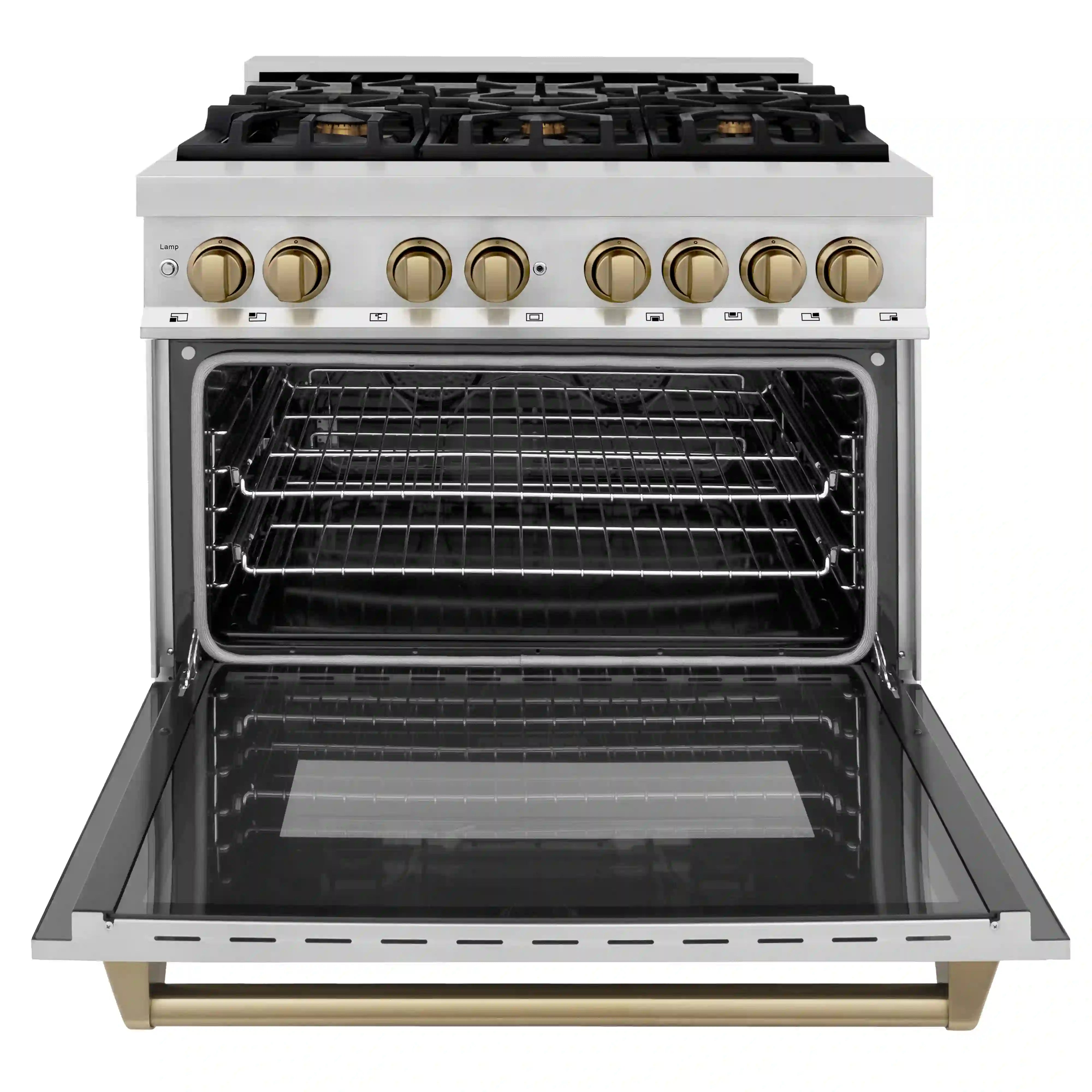 Dual fuel range oven open with chrome rack and champagne bronze warming handle