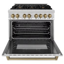 ZLINE 5-Piece Appliance Package - 36-Inch Legacy Autograph Dual Fuel Range, Wall Mount Range Hood, 36-Inch French Door Refrigerator, Dishwasher, and 30-Inch Microwave Drawer in Stainless Steel with Champagne Bronze Accents