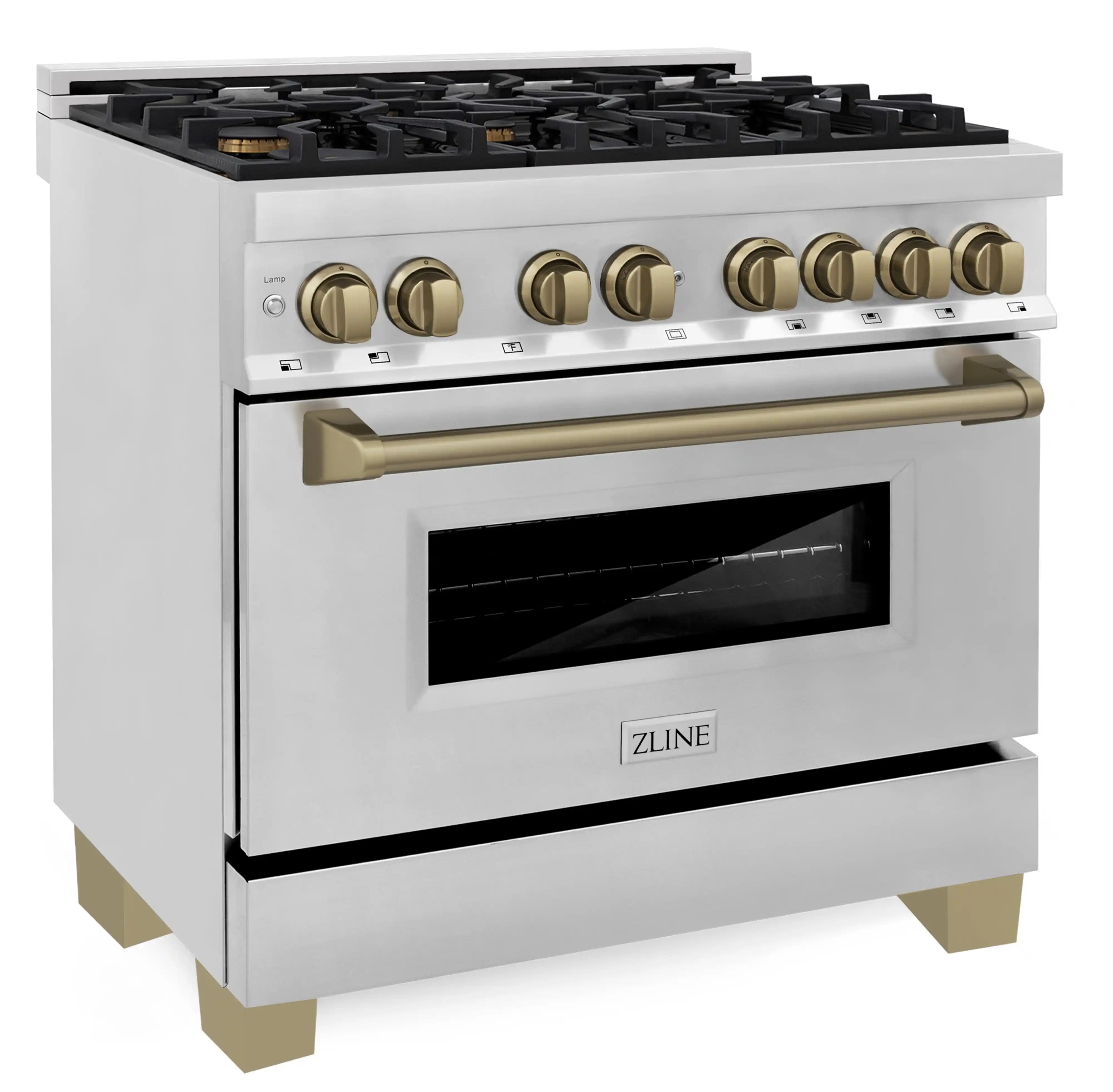 Stainless dual fuel range with champagne bronze oven handle and control knobs