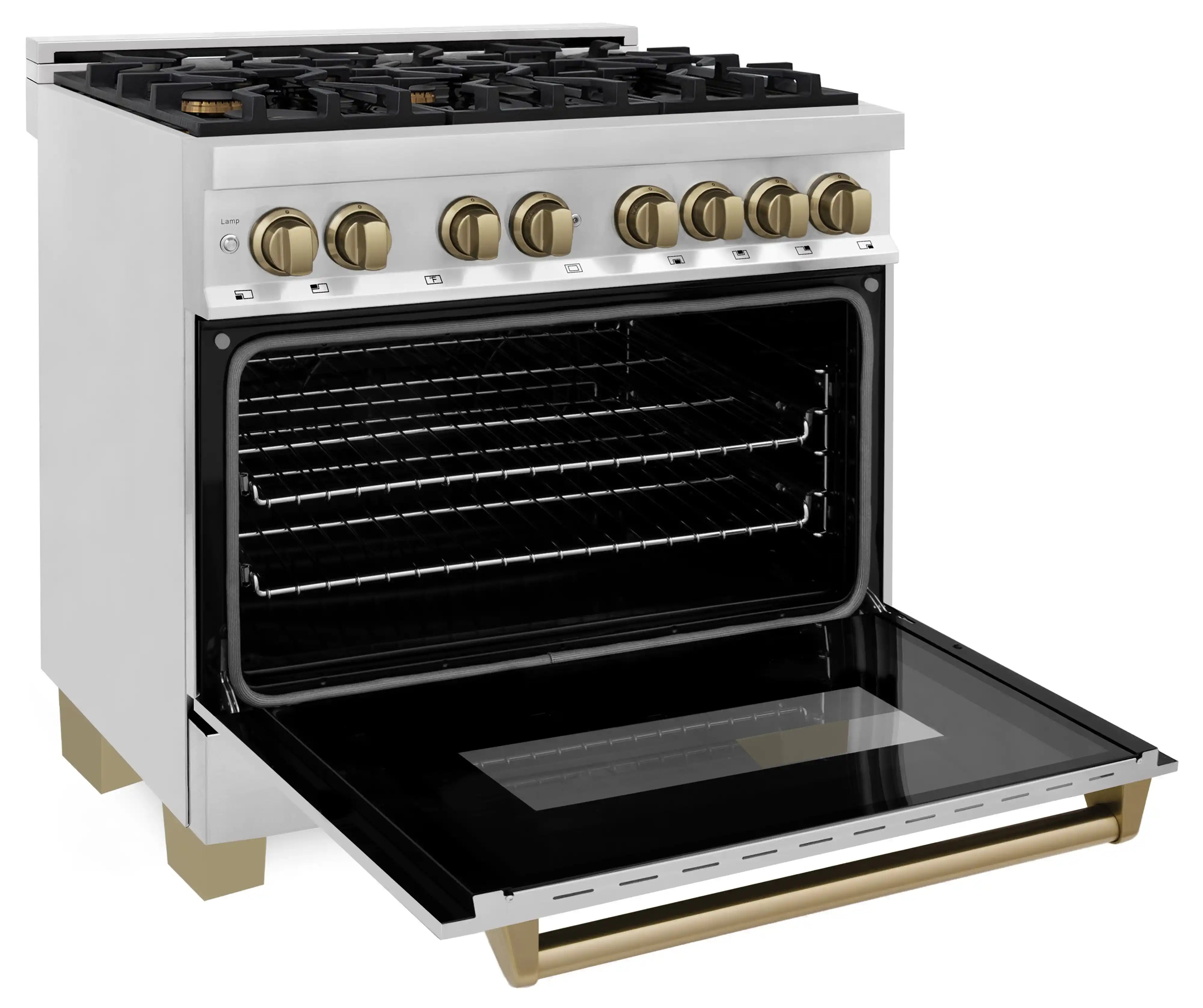 Dual fuel range with open oven door showing black interior and racks