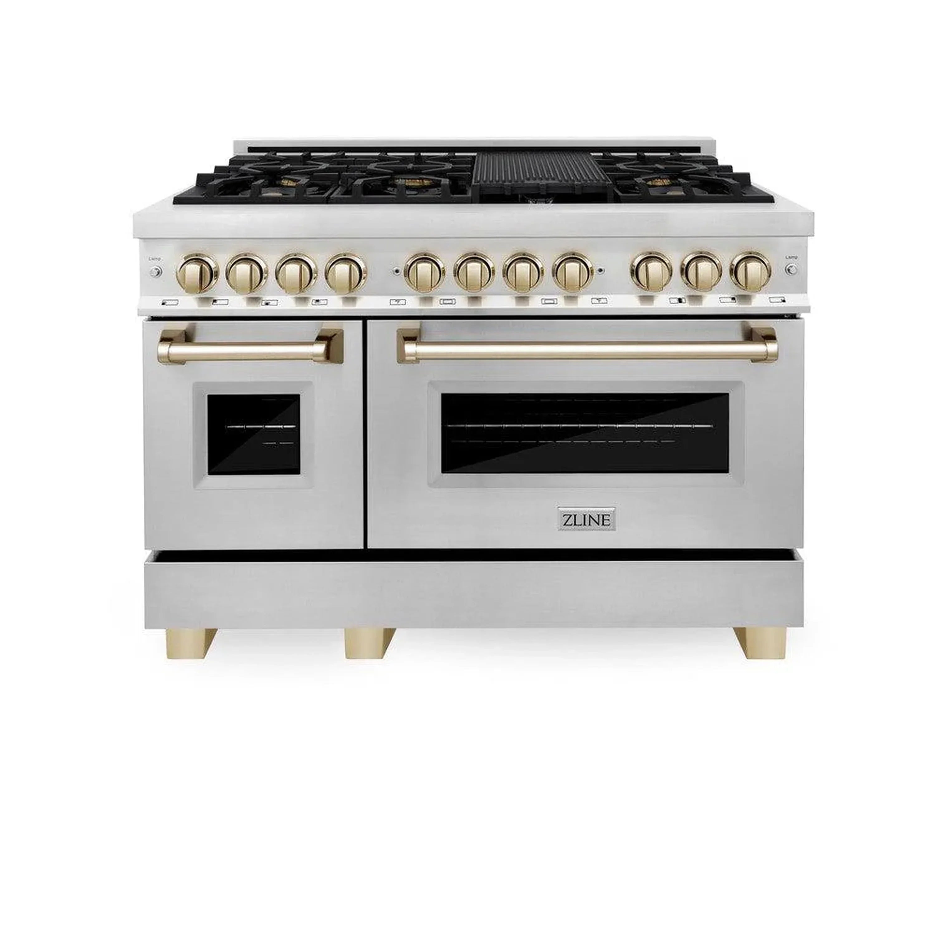 Stainless dual-fuel range with gold control knobs and two oven doors