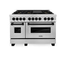 ZLINE 5-Piece Appliance Package - 48-Inch Legacy Autograph Dual Fuel Range, Wall Mount Range Hood, 36-Inch French Door Refrigerator, Dishwasher, and 30-Inch Microwave Drawer in Stainless Steel with Matte Black Accents