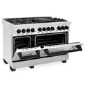 ZLINE 4-Piece Appliance Package - 48-Inch Legacy Autograph Dual Fuel Range, Wall Mount Range Hood, 36-Inch French Door Refrigerator, Dishwasher, in Stainless Steel with Matte Black Accents