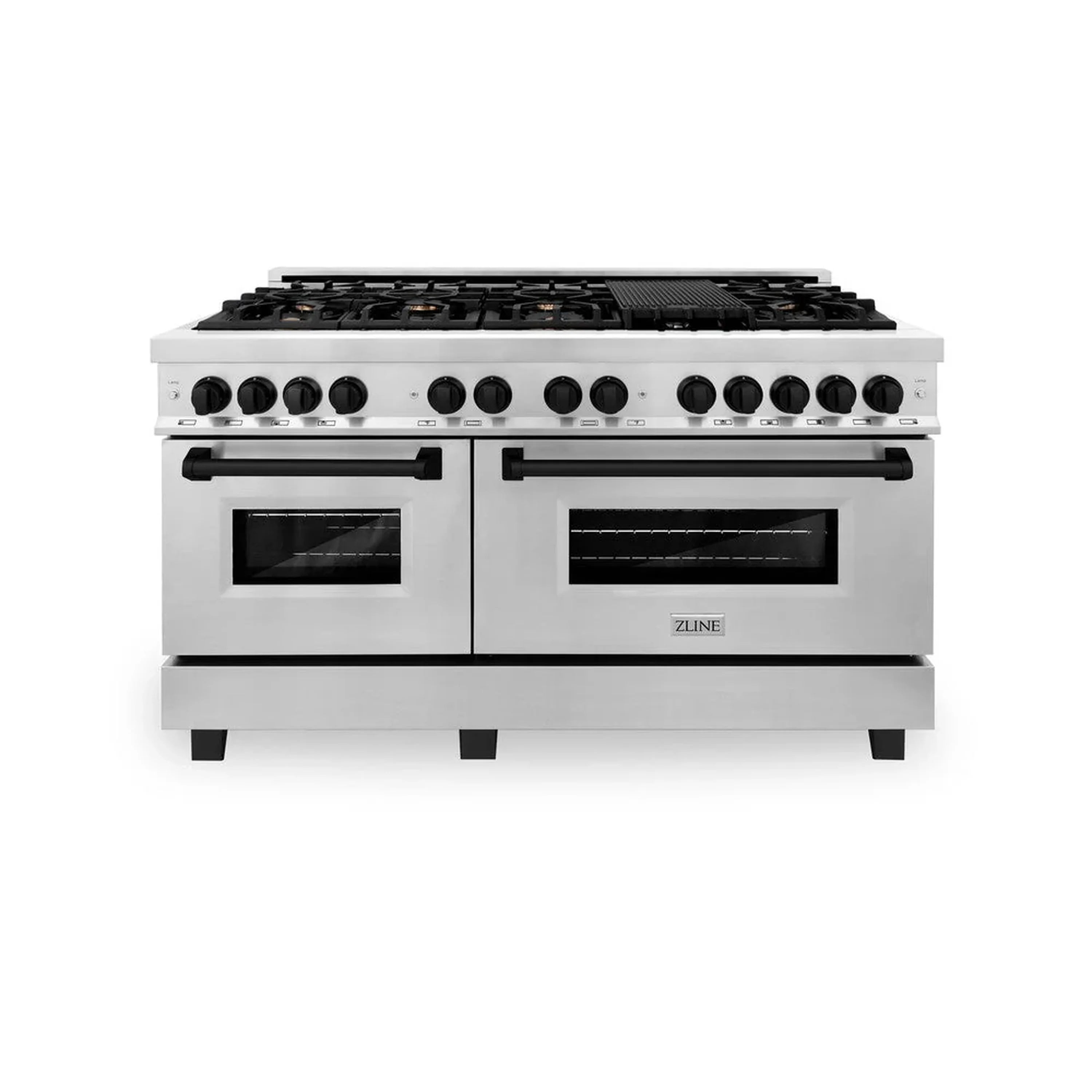60-inch dual fuel range with two black-glass ovens, gas burner grates, and knobs
