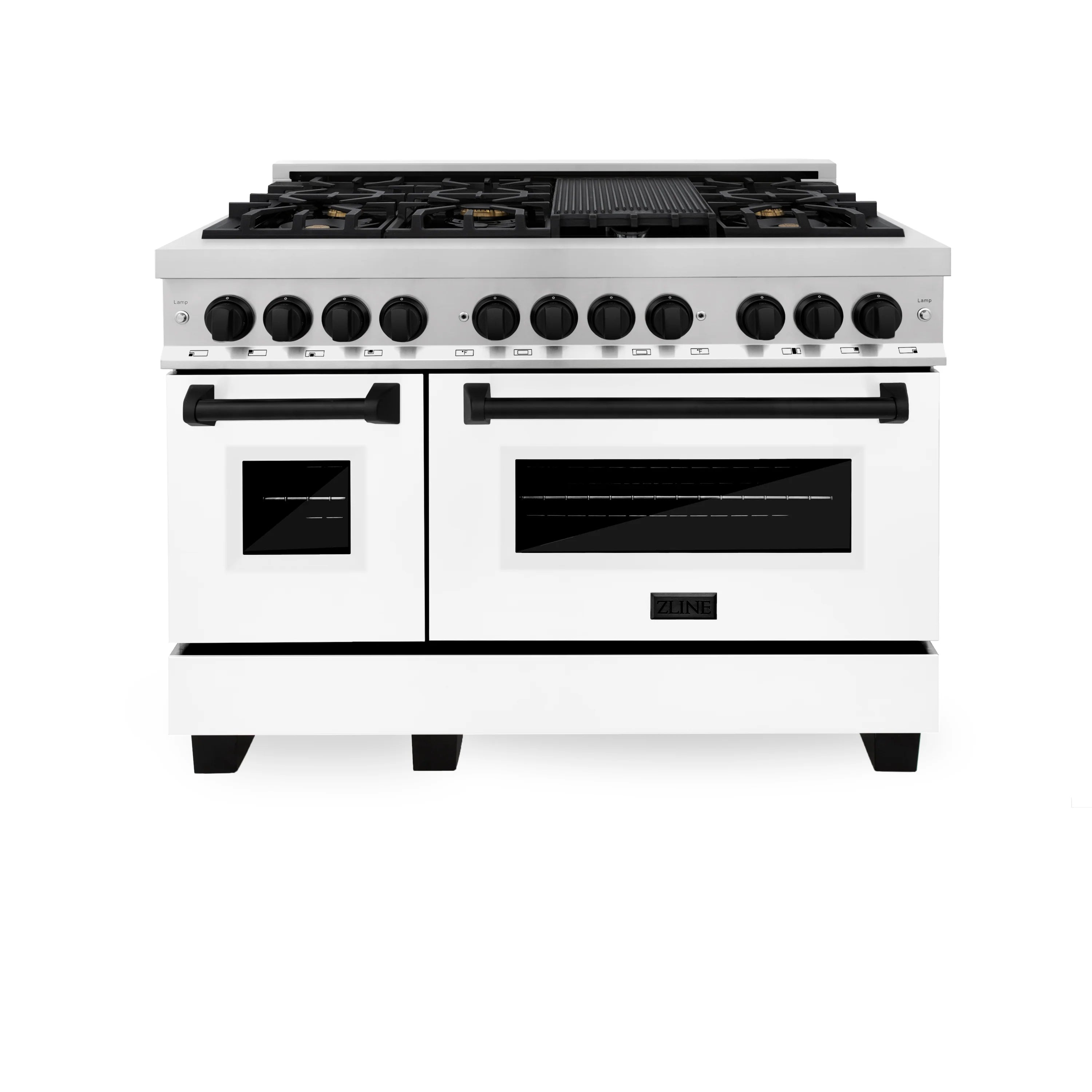 Front view of white dual fuel range with black griddle, burners, and two oven doors