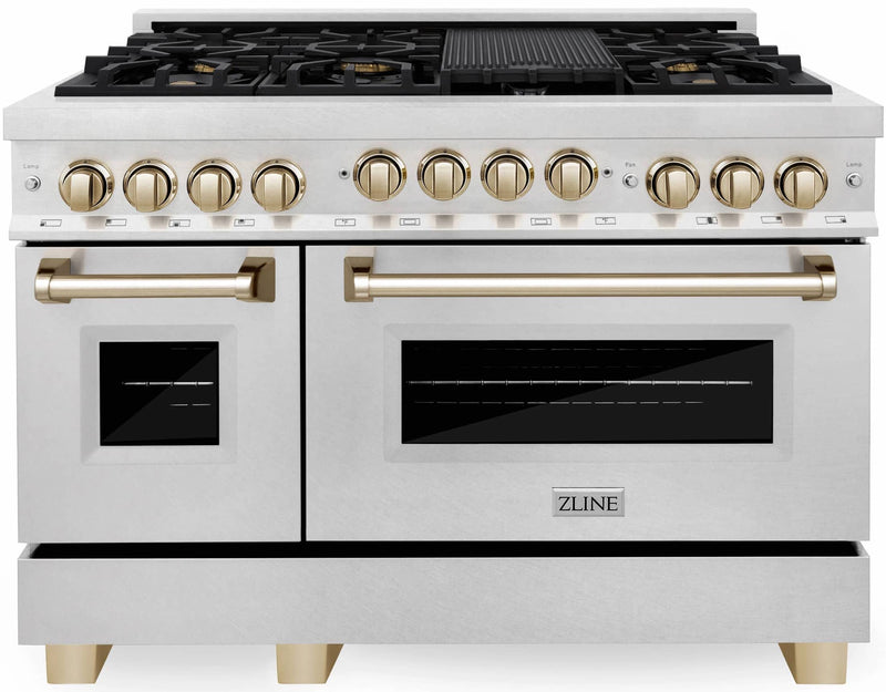 ZLINE 48-Inch Autograph Edition Kitchen Package - Dual Fuel Range, Wall Mount Range Hood and Dishwasher in DuraSnow Stainless Steel with Gold Accents (3AKPR-RASRHDWM48-G)