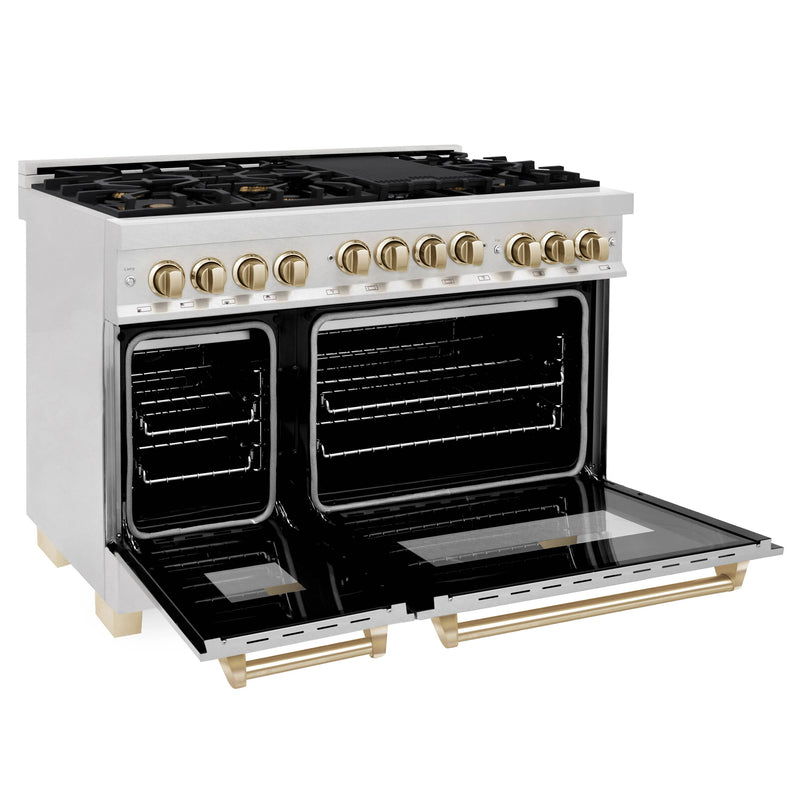 ZLINE 48-Inch Autograph Edition Kitchen Package - Dual Fuel Range, Wall Mount Range Hood and Dishwasher in DuraSnow Stainless Steel with Gold Accents (3AKPR-RASRHDWM48-G)