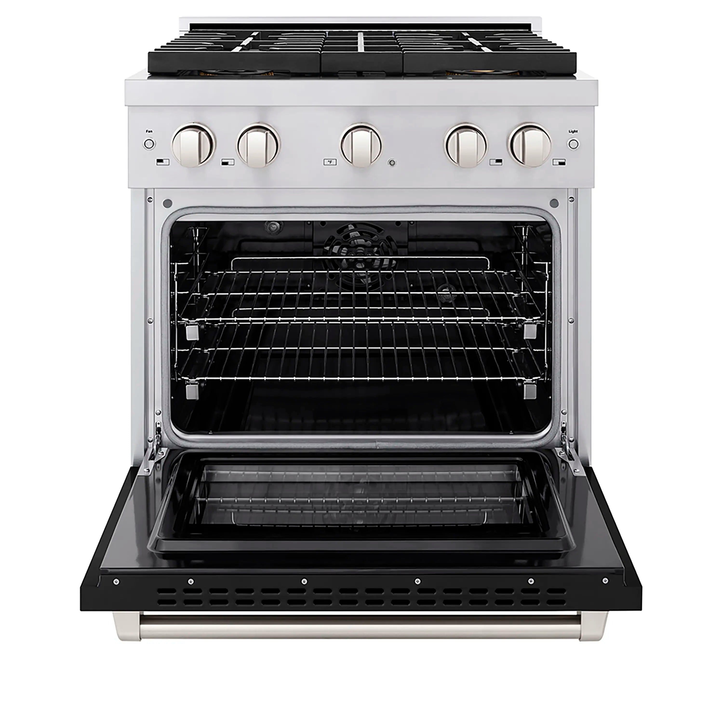 Dual fuel range oven door open showing interior racks and heating element