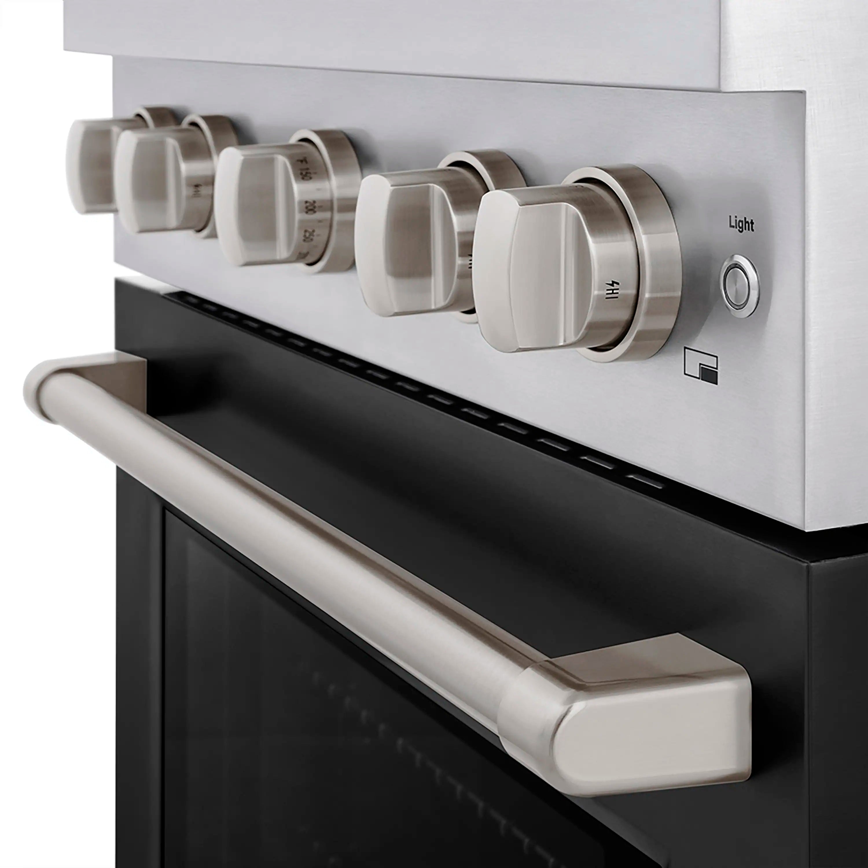 Dual fuel range control panel with light and temperature knobs and pull handle