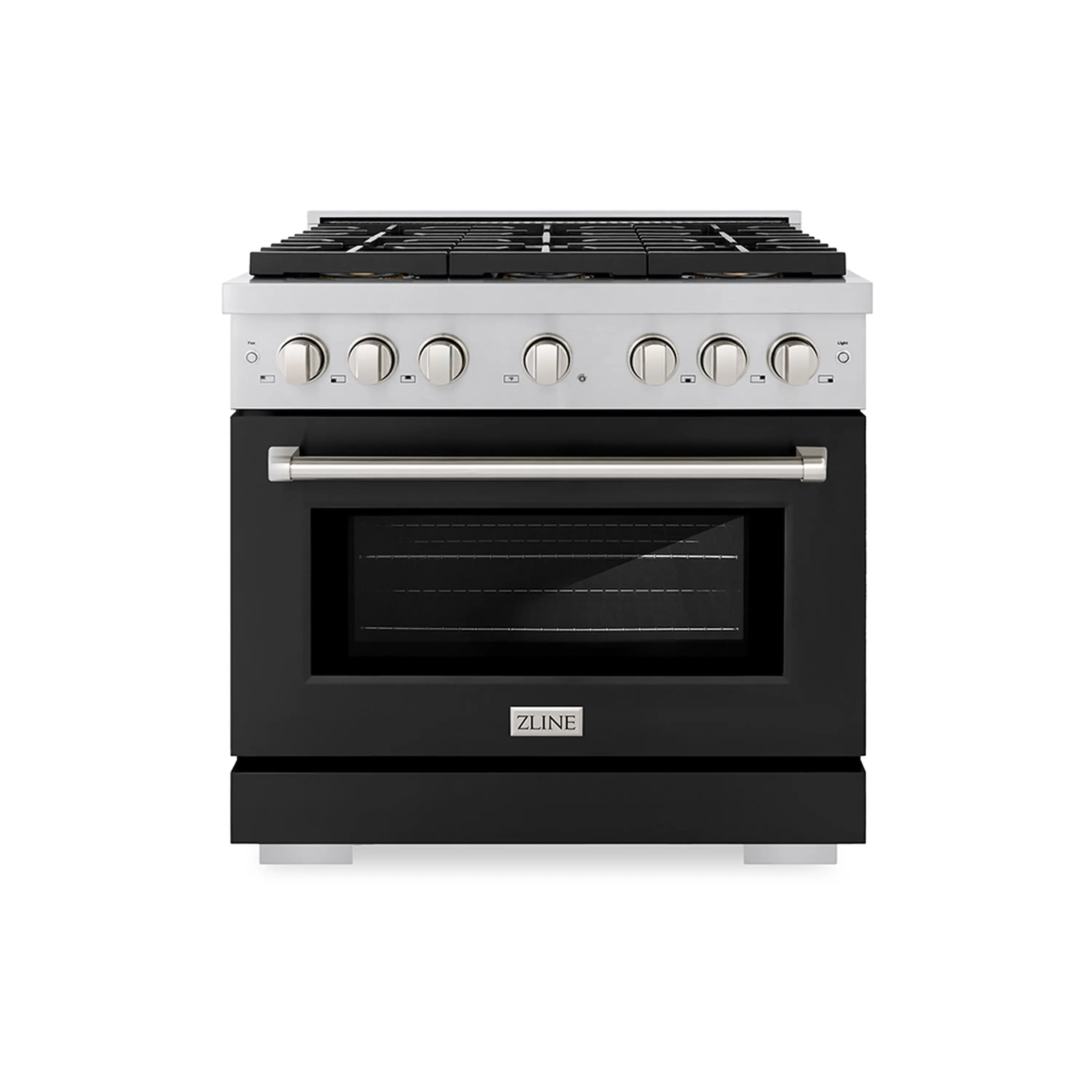 Dual fuel range front with black matte oven door and stainless control panel