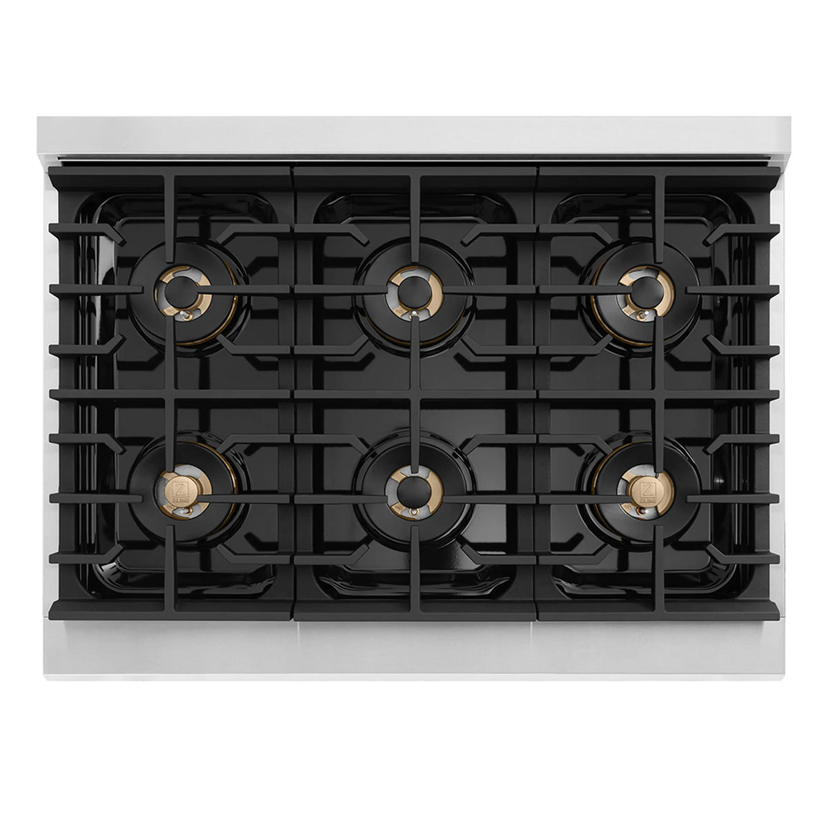 Black cooktop with six burner grates and round burner caps