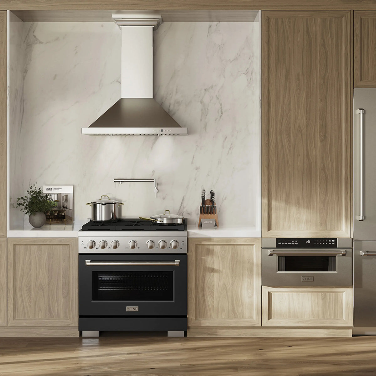 Black dual-fuel range with electric convection oven, matte black door, and 6-burner cooktop
