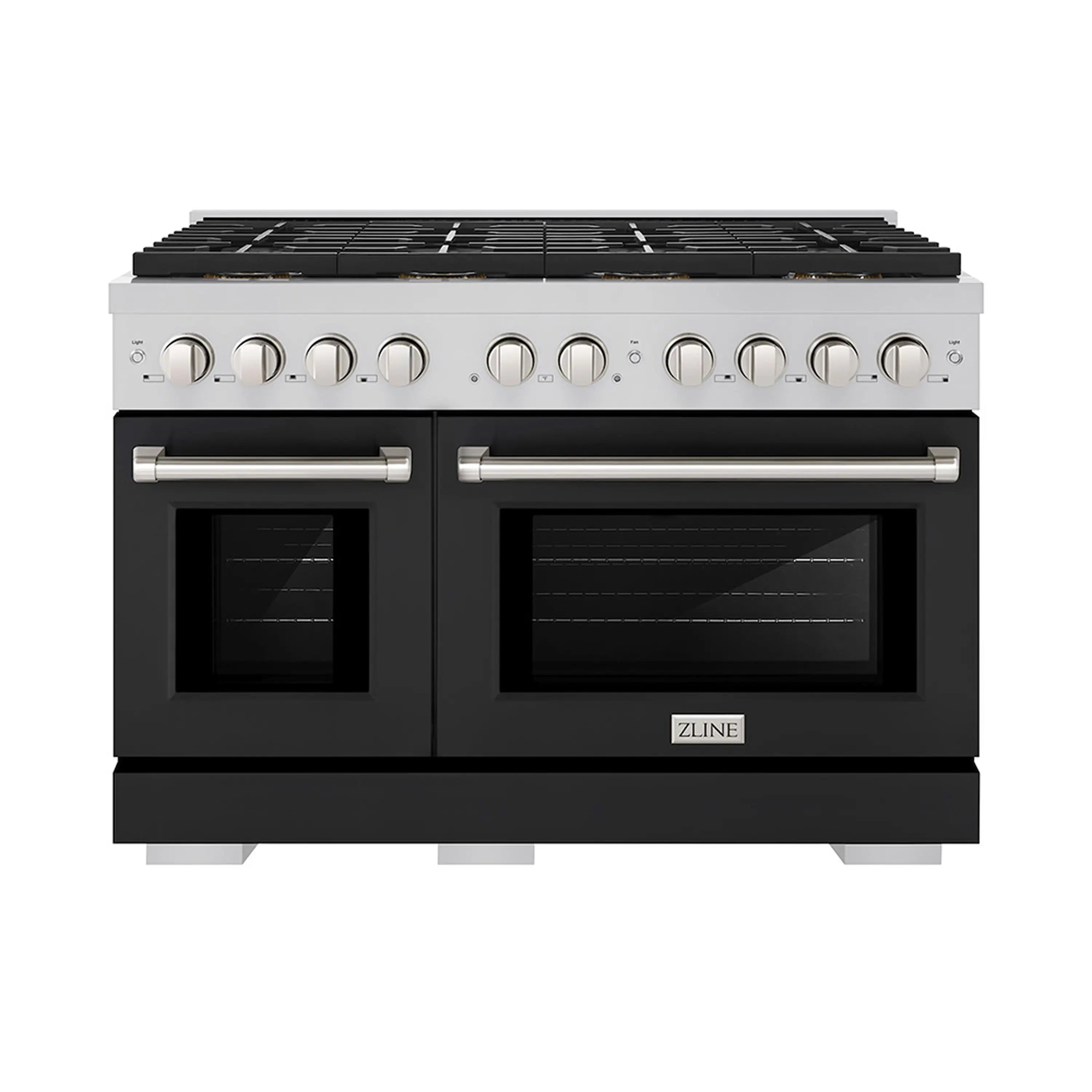 Black matte dual-fuel range with two oven doors and stainless knob panel