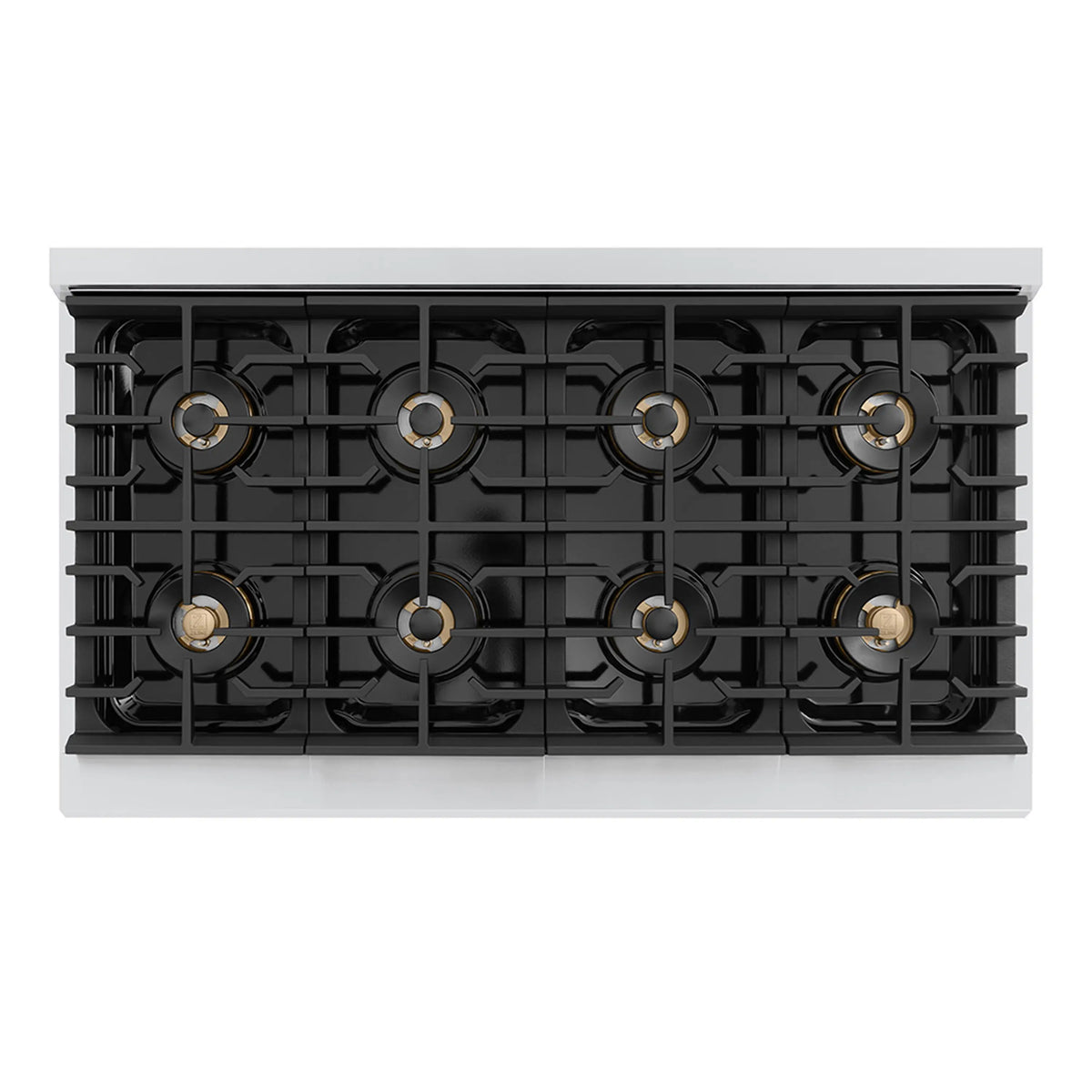 Underside view of the cooktop with eight burner ports and black grate frame