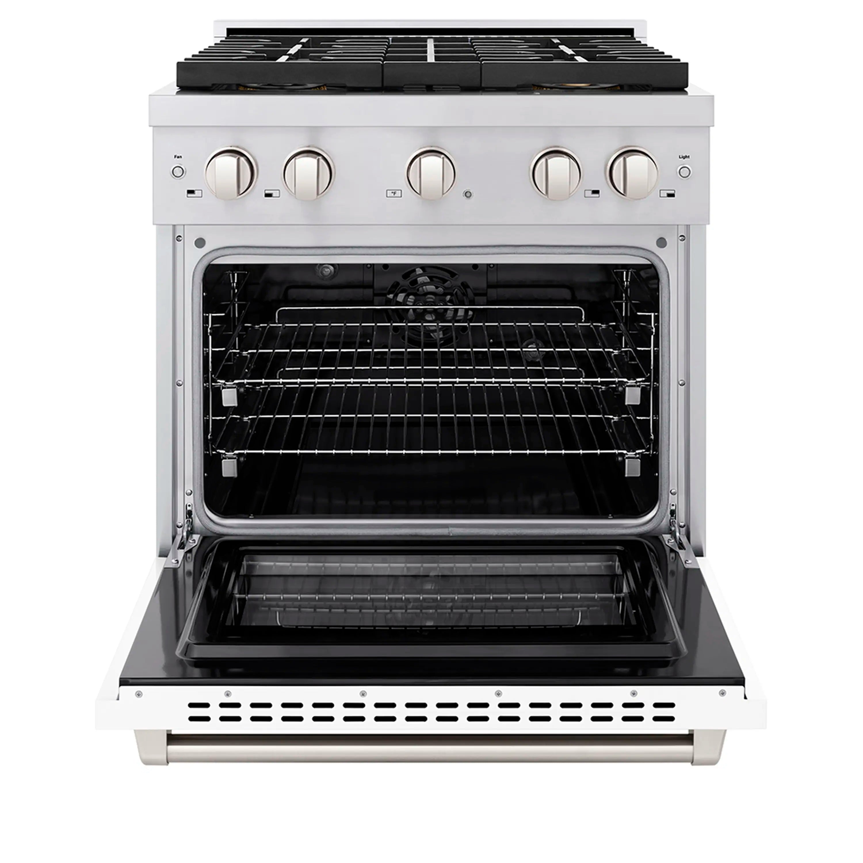 Dual fuel range oven door open showing wire racks and heating elements