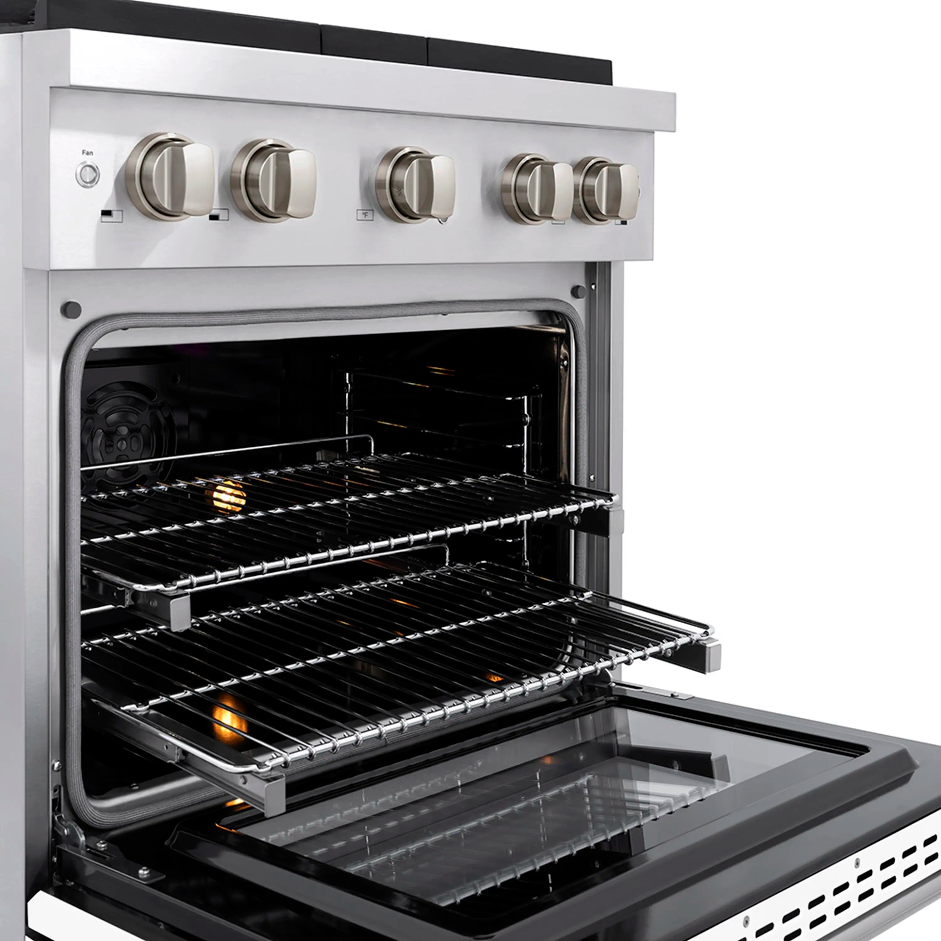 Dual fuel range oven cavity with open racks and lit burners