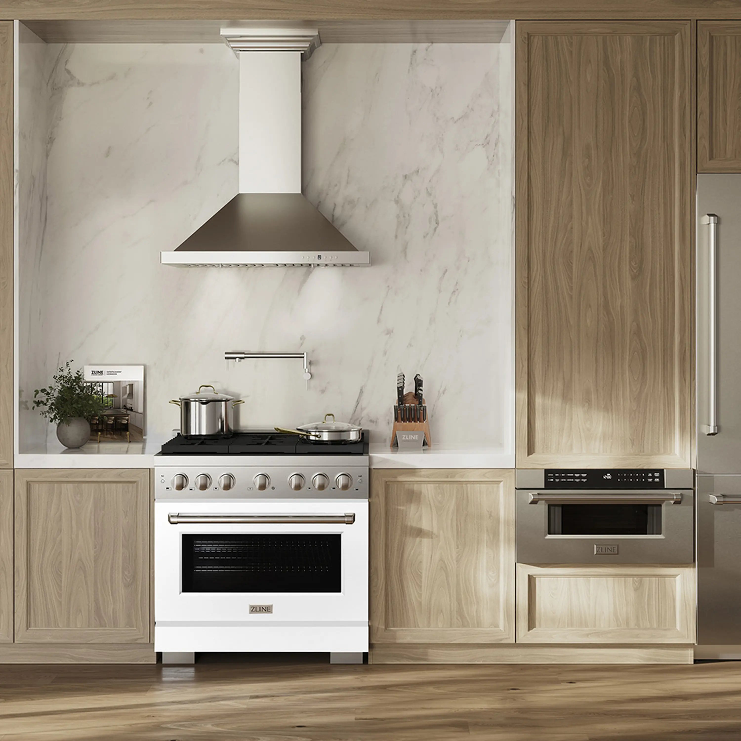 White matte dual fuel range with 6-burner cooktop and electric convection oven