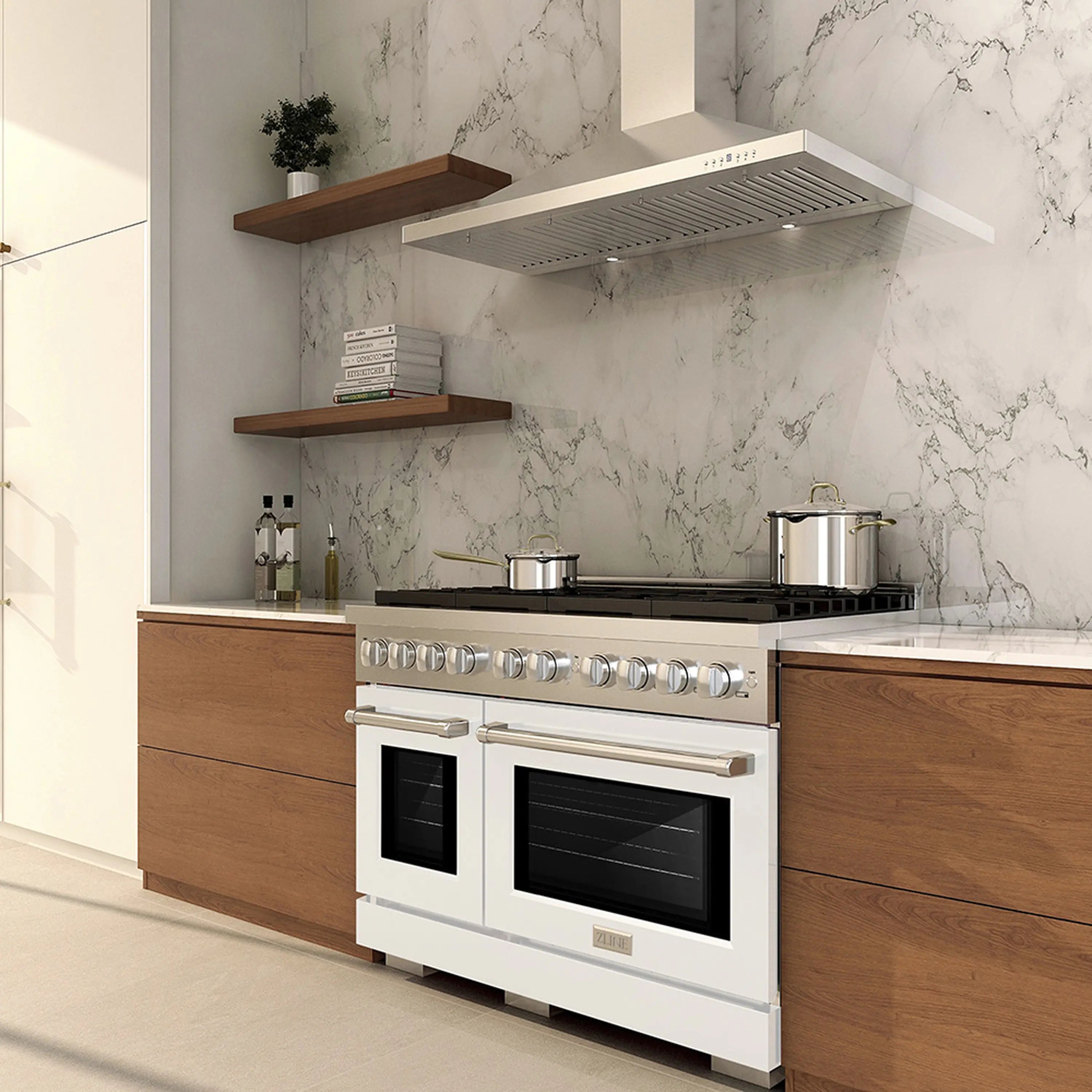 White dual fuel range with cooktop burners and dual oven doors