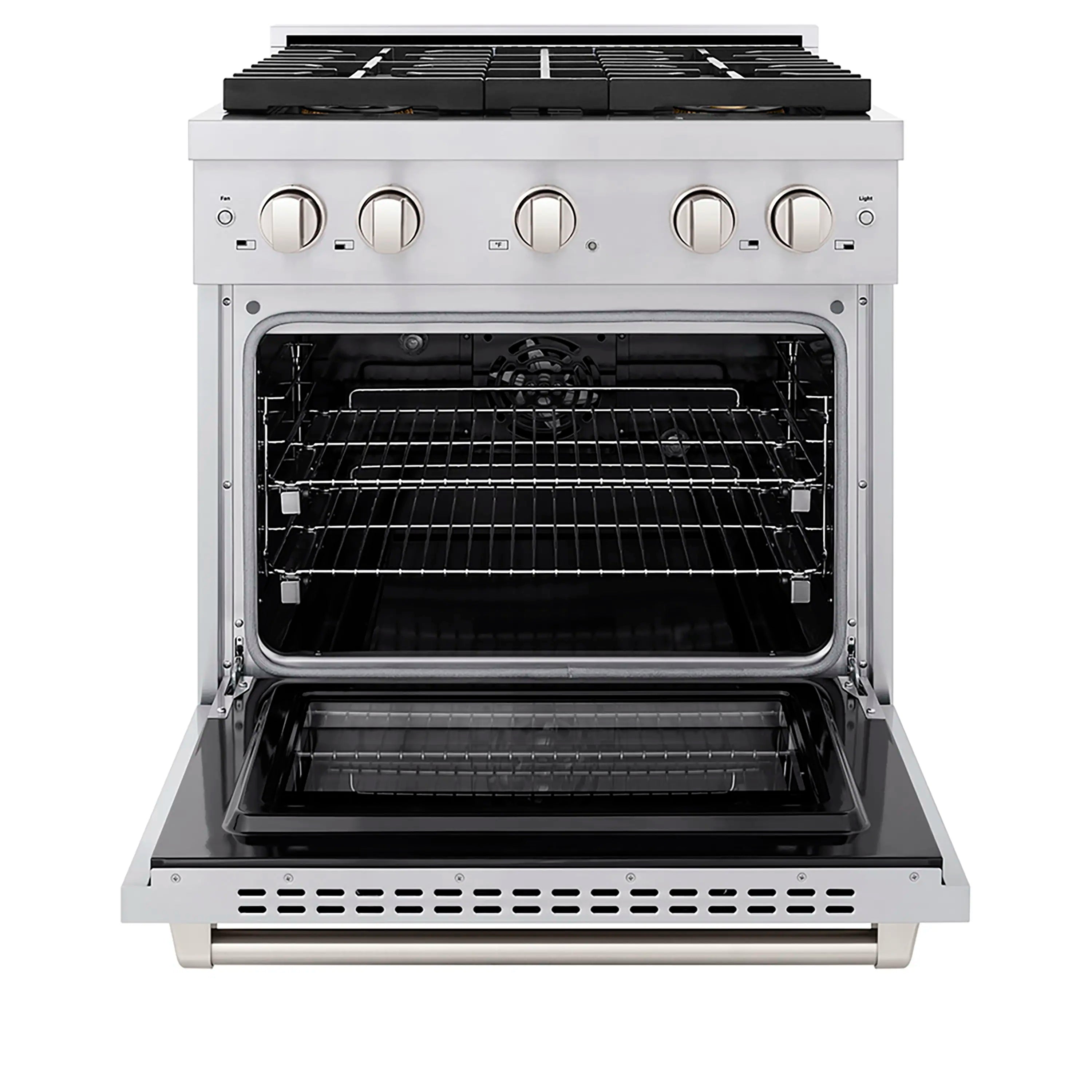 Stainless steel oven door open showing oven cavity with wire racks and heating elements