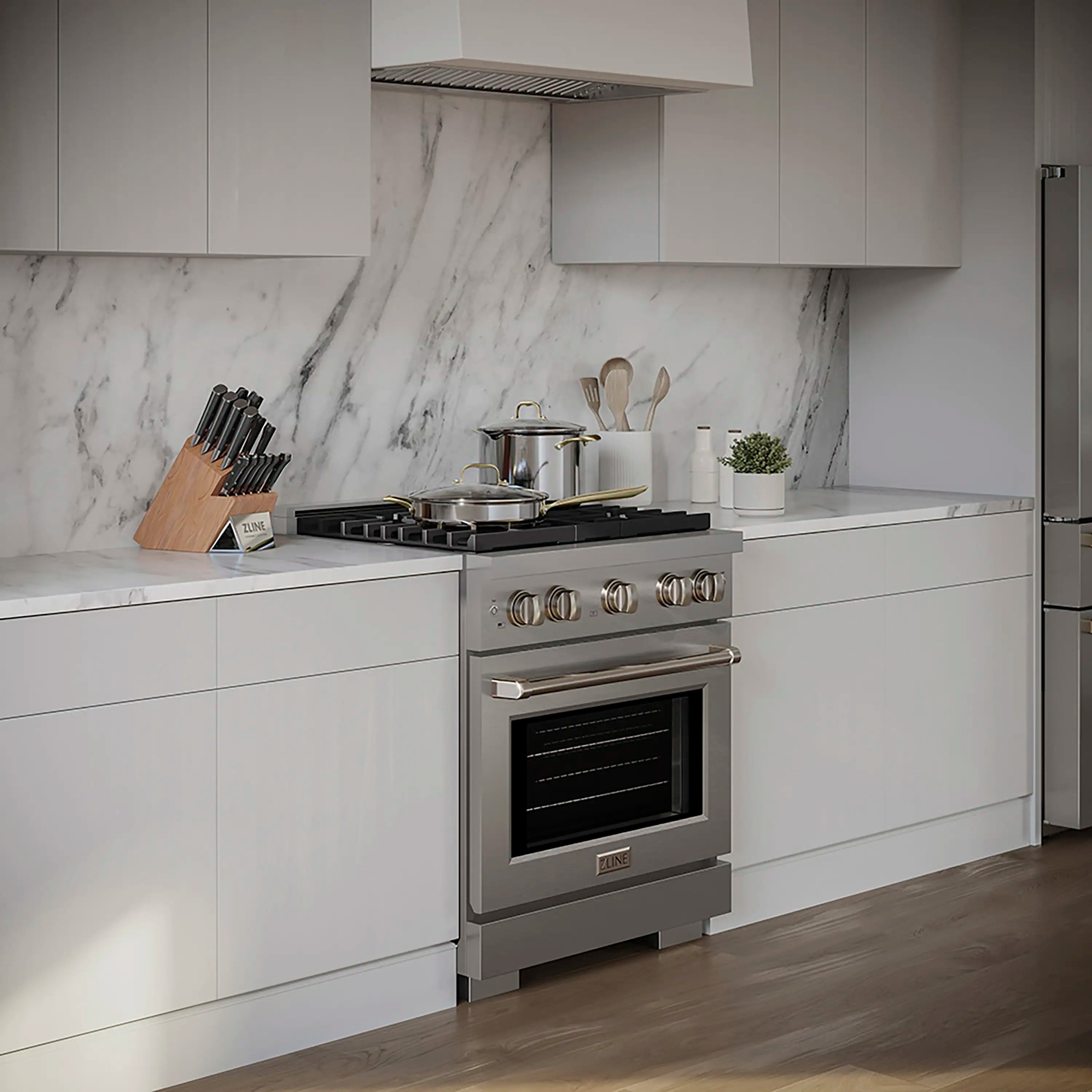 Stainless steel dual-fuel range in kitchen setting with oven door and cooktop