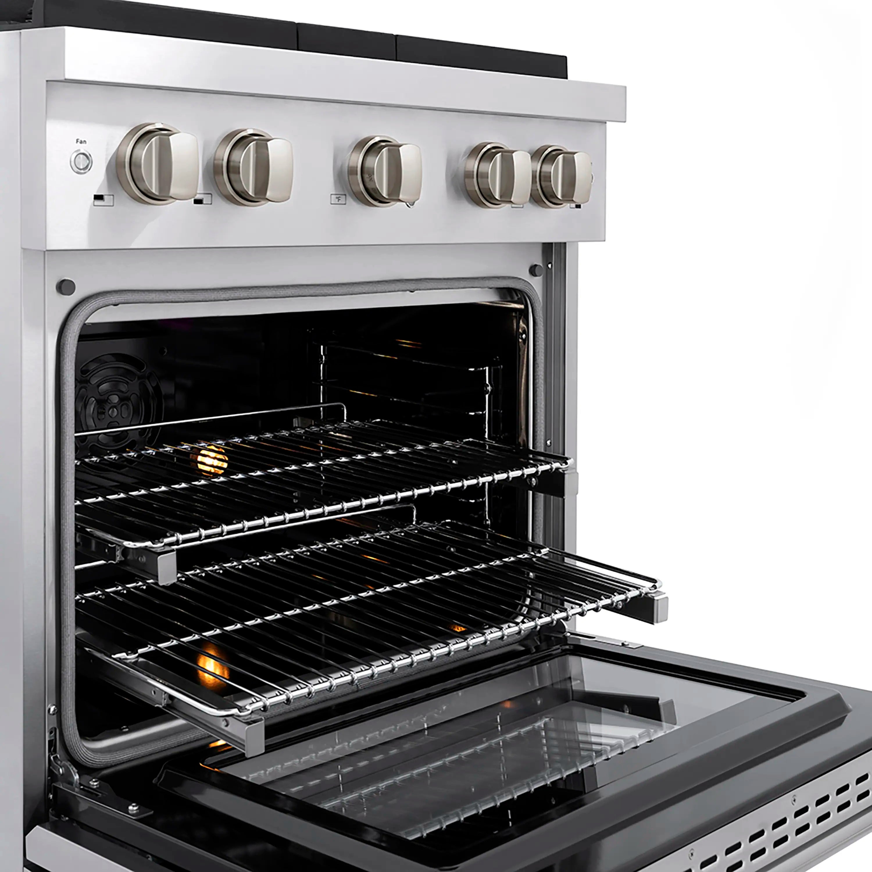 Stainless steel oven open showing racks, heating elements, and interior light
