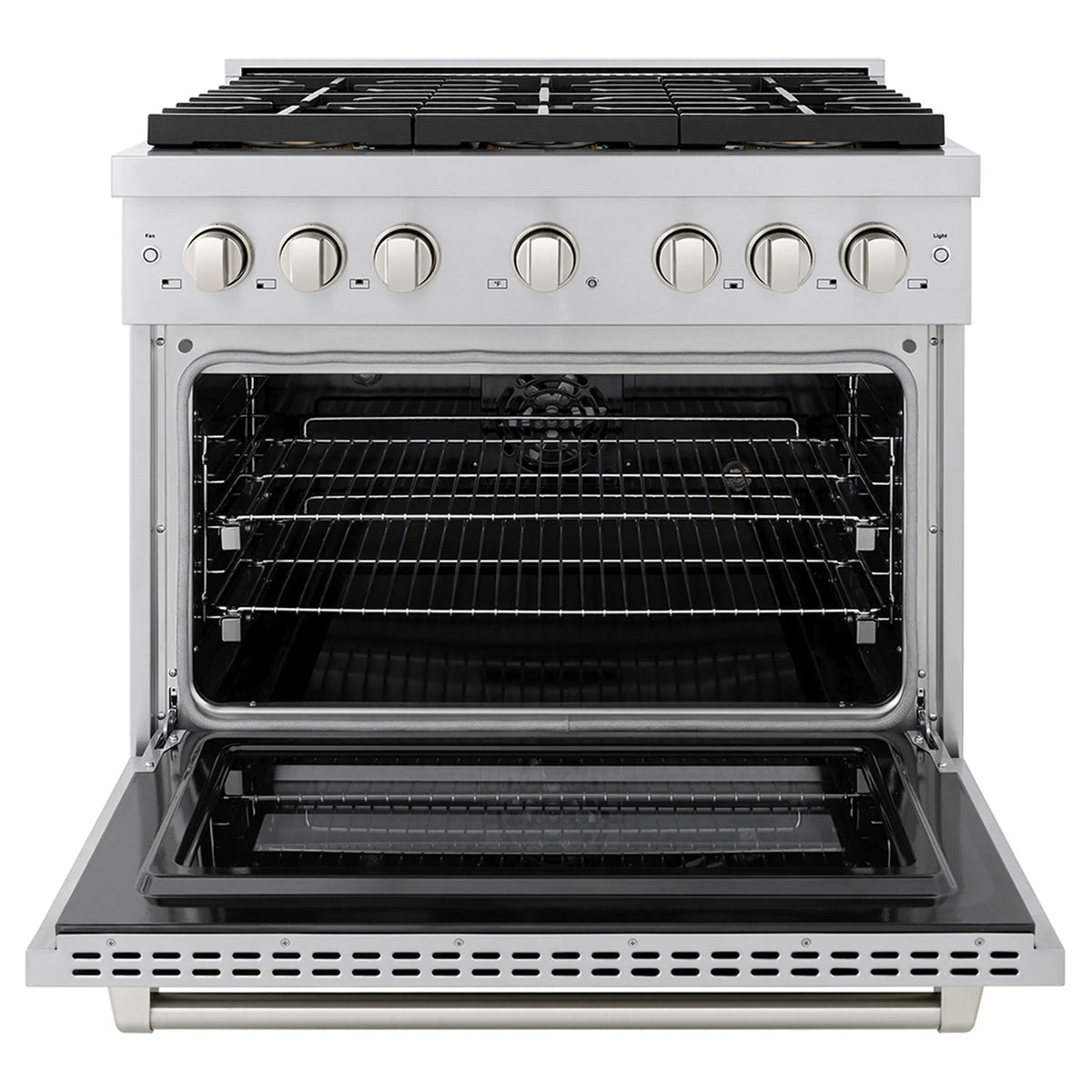 Stainless steel range with open oven door and removable cooking racks