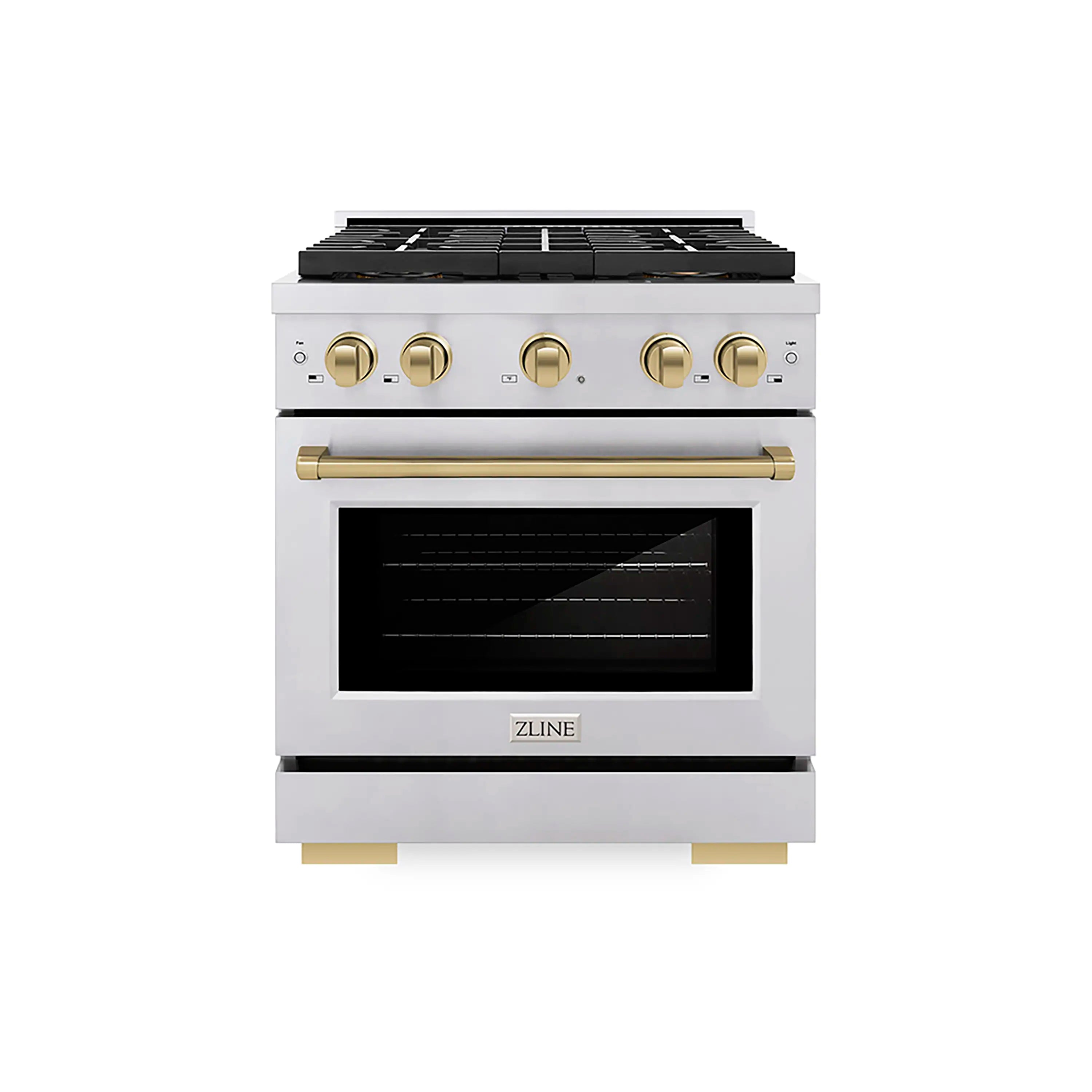 Stainless steel dual fuel range with four black burners and champagne bronze control knobs