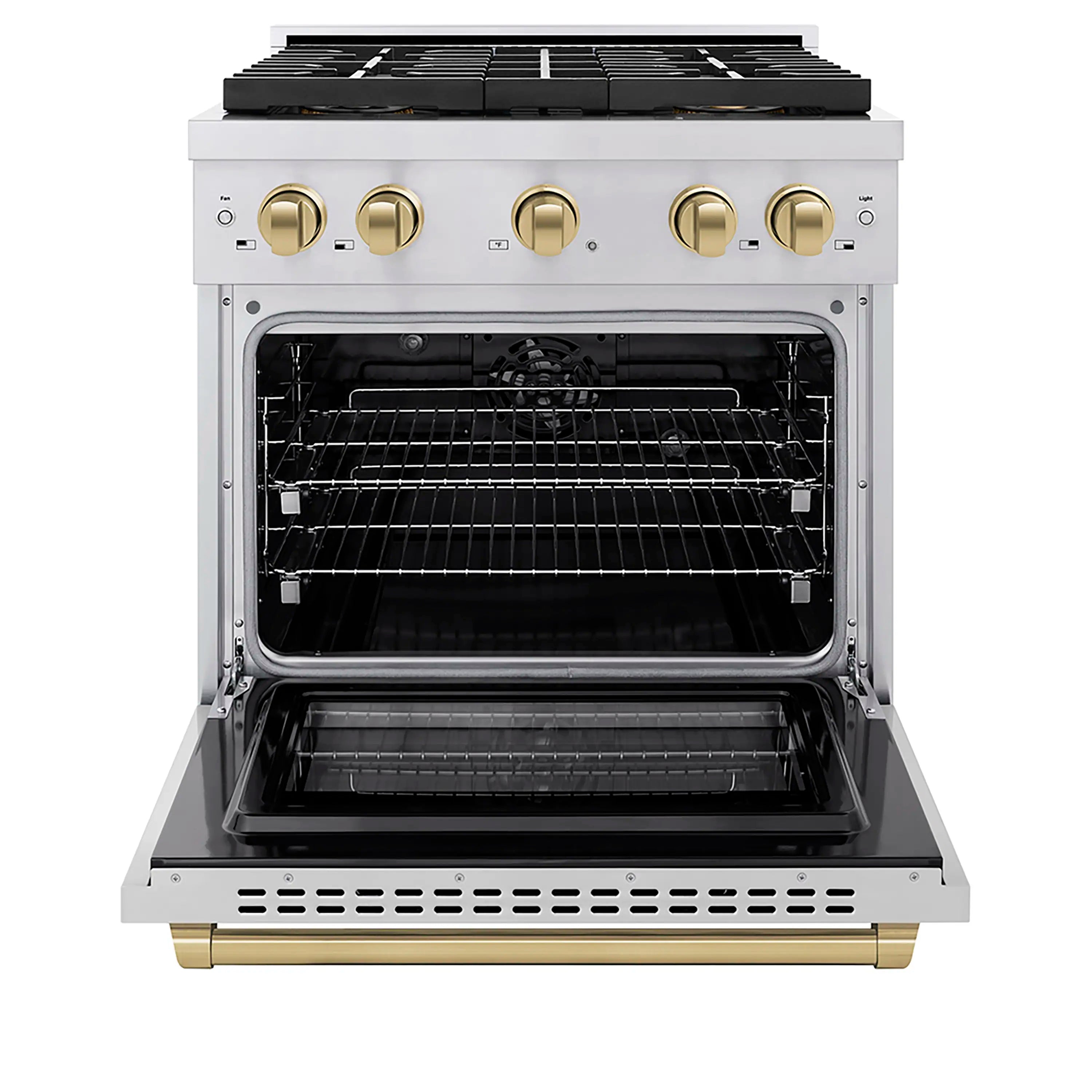 Stainless steel range with open electric convection oven and four-burner cooktop