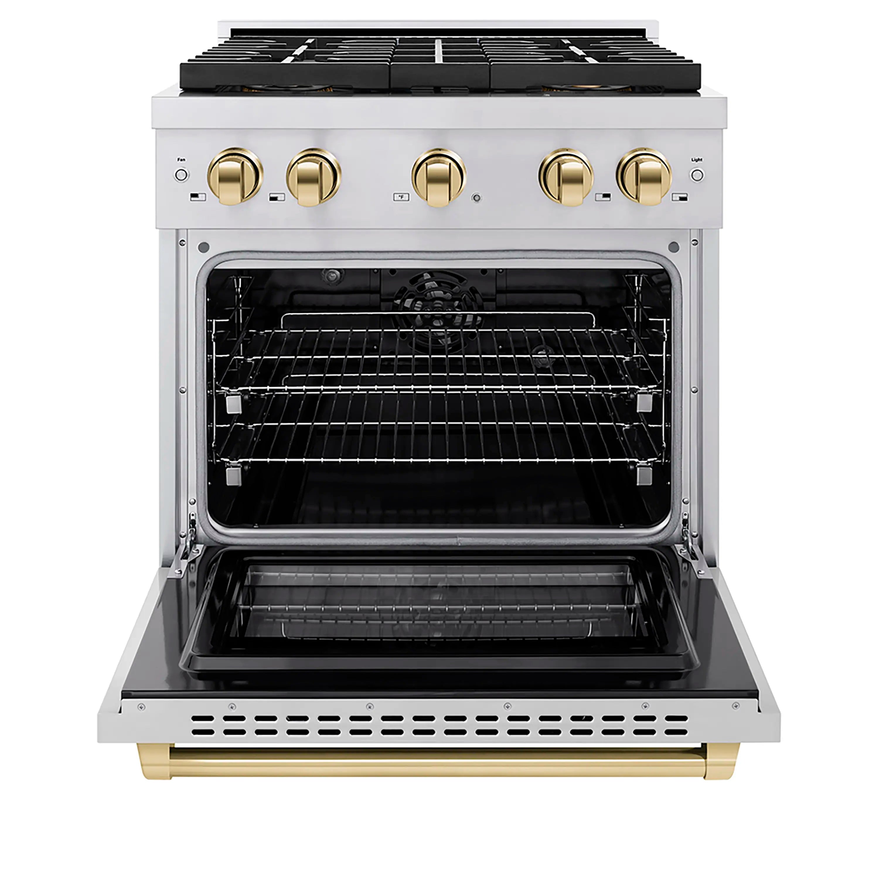 Stainless steel range with oven door open, visible racks and heating cavity with gold kick trim