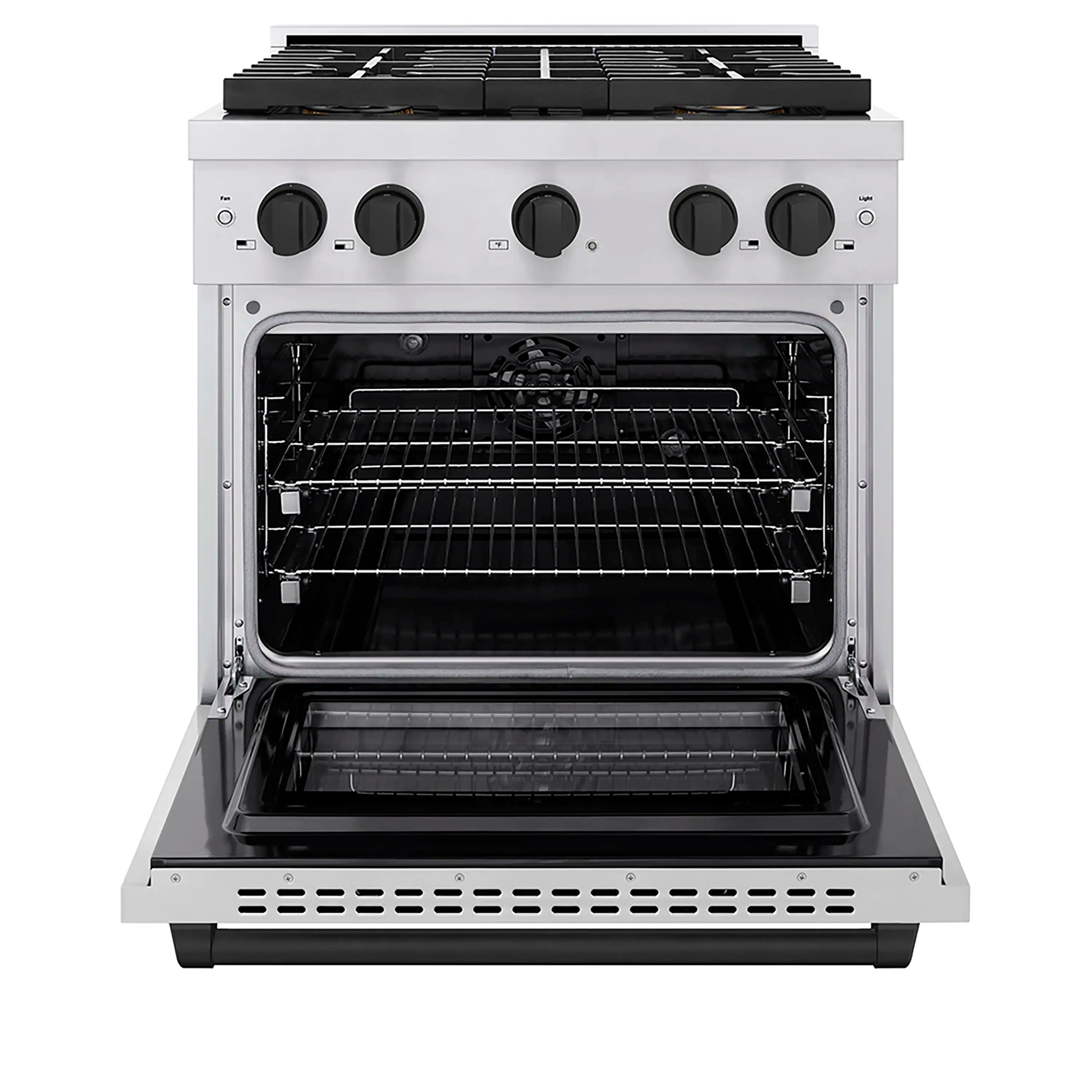 Stainless dual fuel range with open oven door showing wire racks and baking cavity