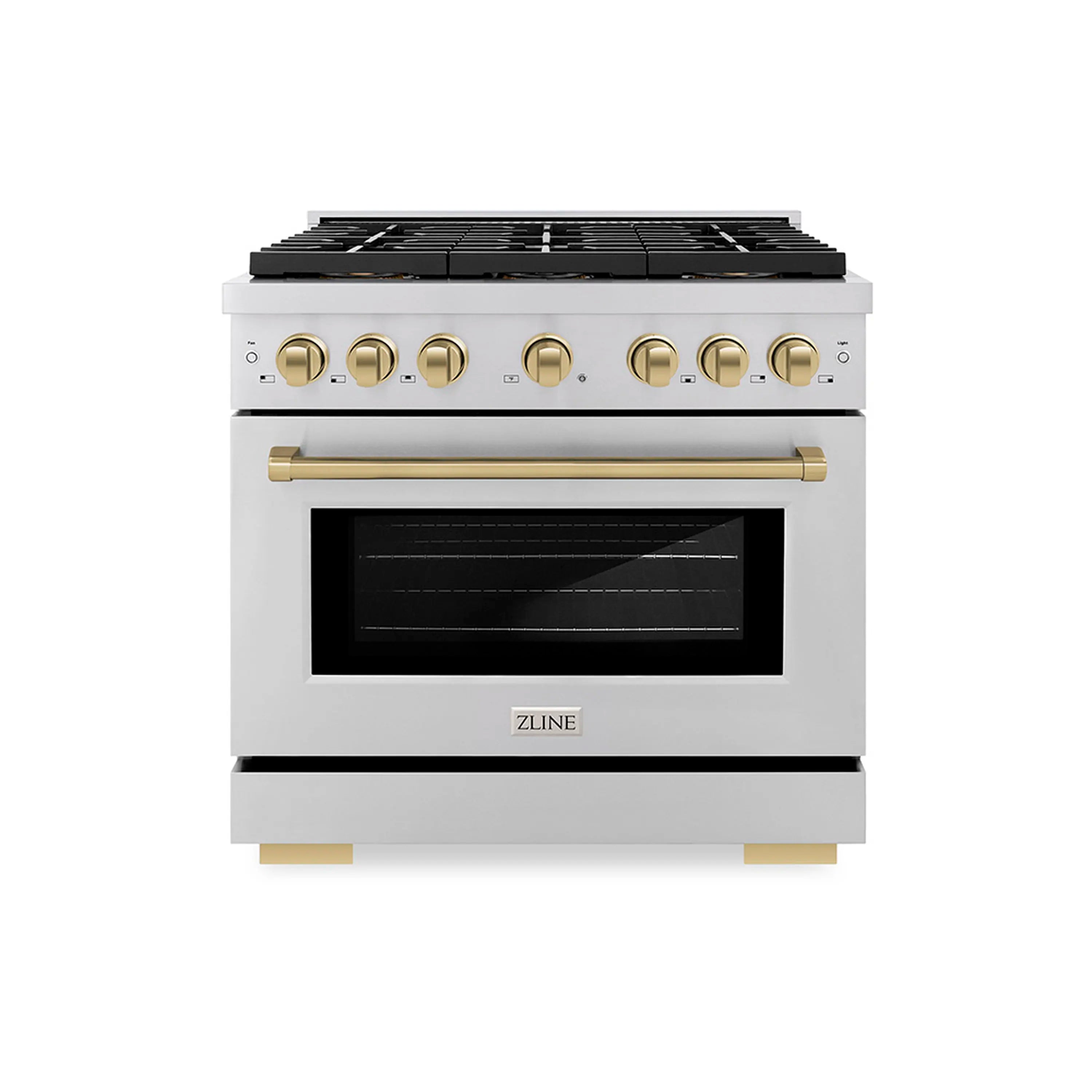 Stainless steel dual-fuel range with black cooktop grates and oven viewing window