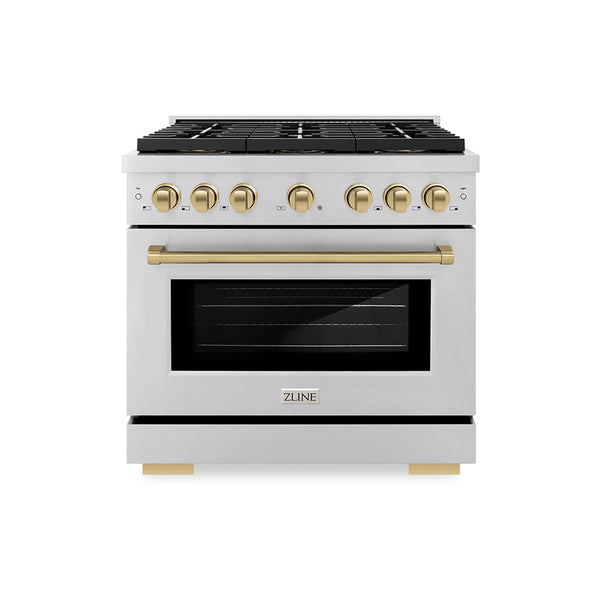ZLINE Autograph Edition 36-Inch 5.2 cu. ft. Paramount Dual Fuel Range with 6 Burner DuoPro™ Cooktop and Electric Convection Oven in Stainless Steel and Champagne Bronze Accents (PSDRZ-36-CB)